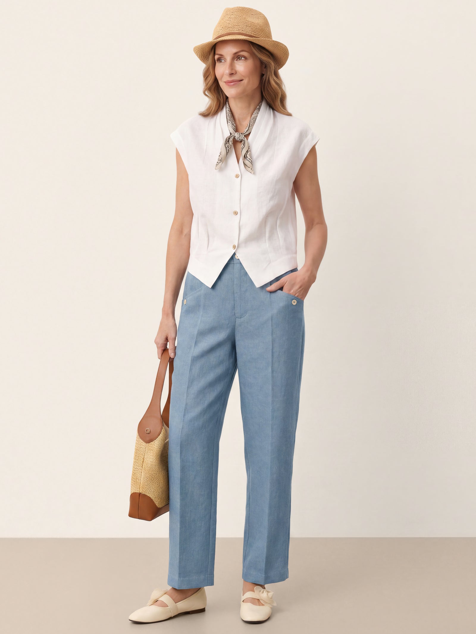 Blue 100% Linen Front Pleat Tapered Ankle Pants VIVICA by LINTICO