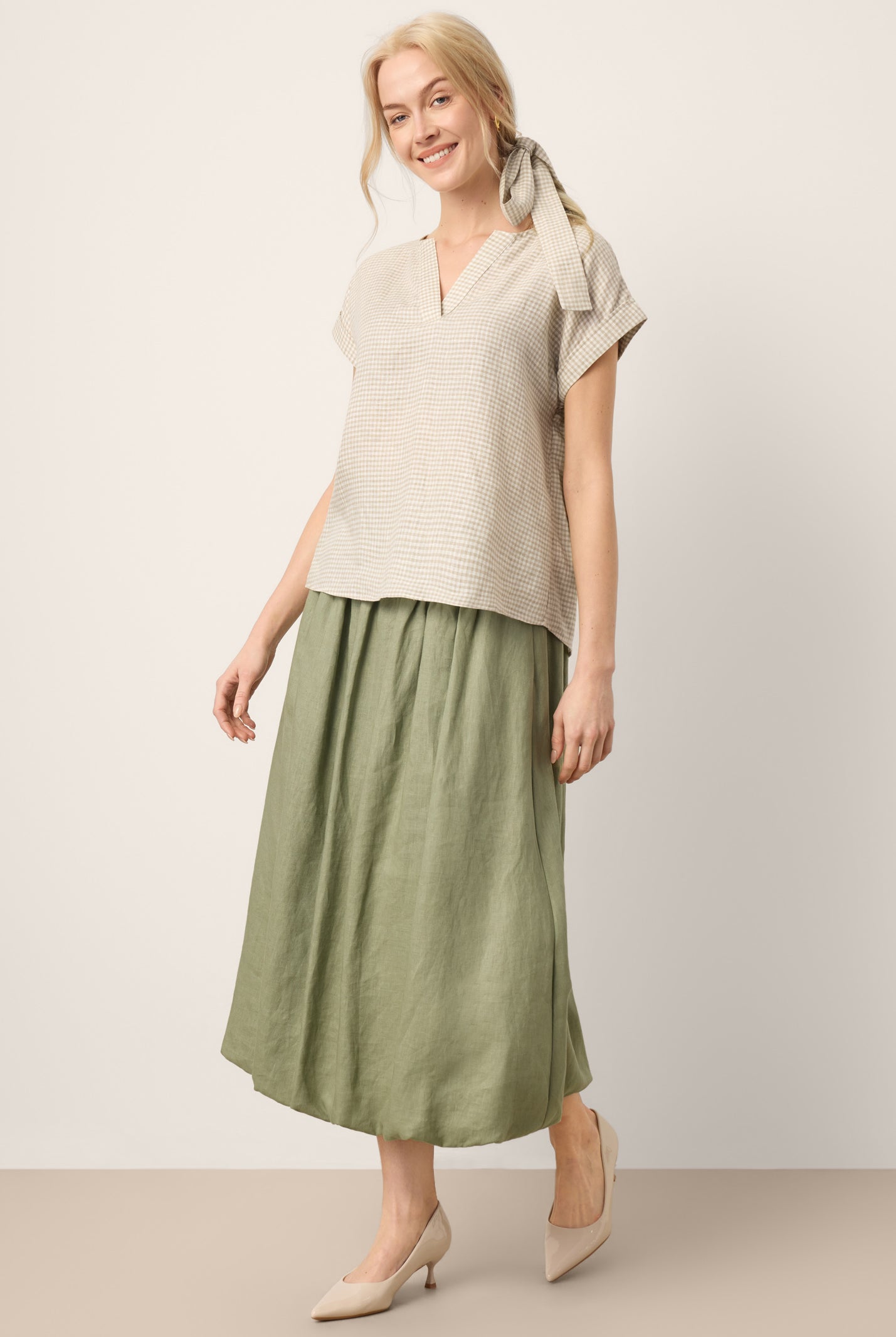 100% Linen Plaid Detachable Tie-Belt Split-Neck Top LEXIE by LINTICO for women