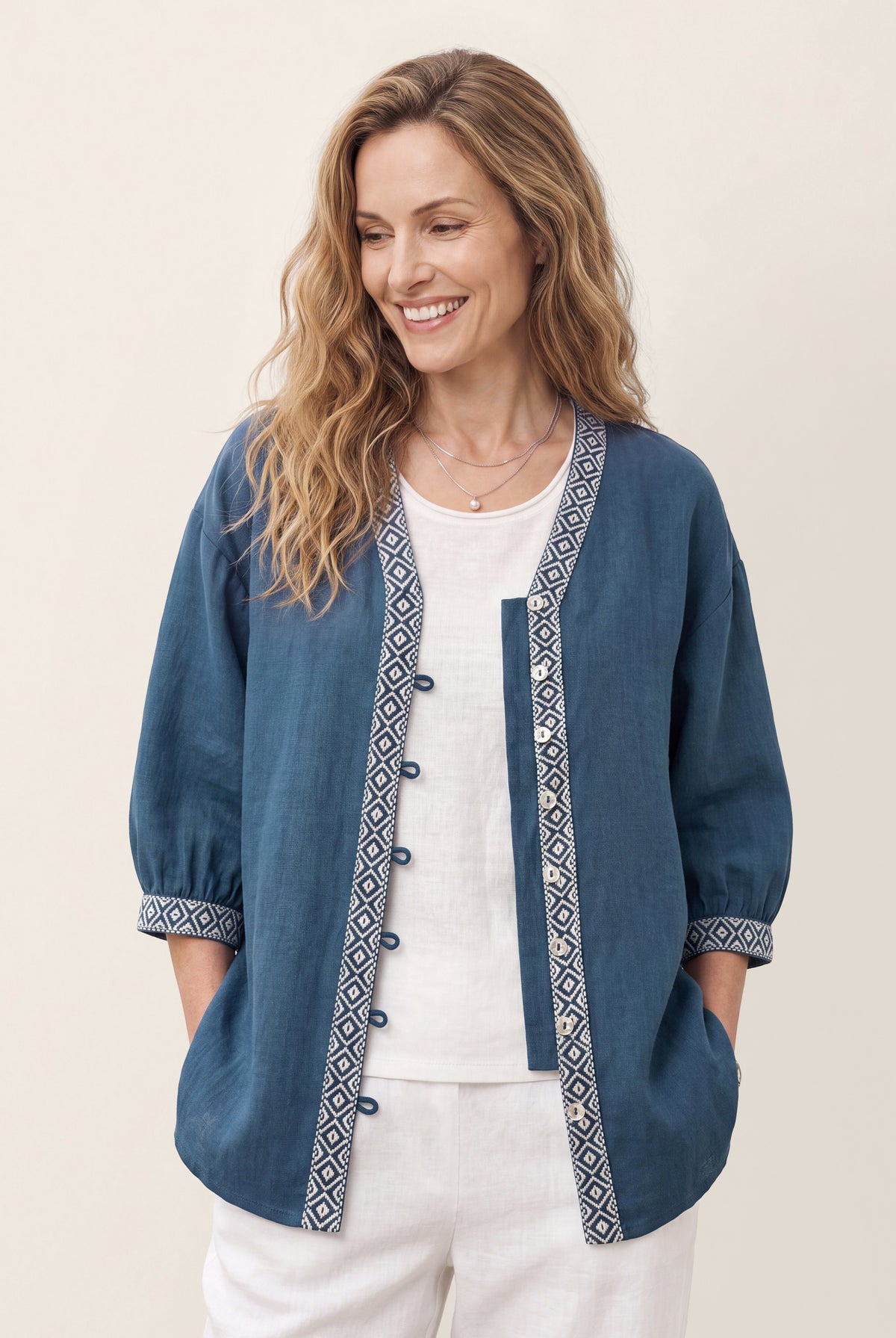 Blue 100% Linen Geometric Trim V Neck Shirt SORAYA by LINTICO
