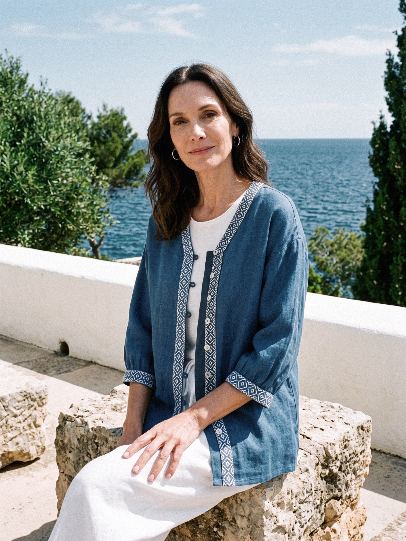 100% Linen Geometric Trim V Neck Shirt SORAYA by LINTICO
