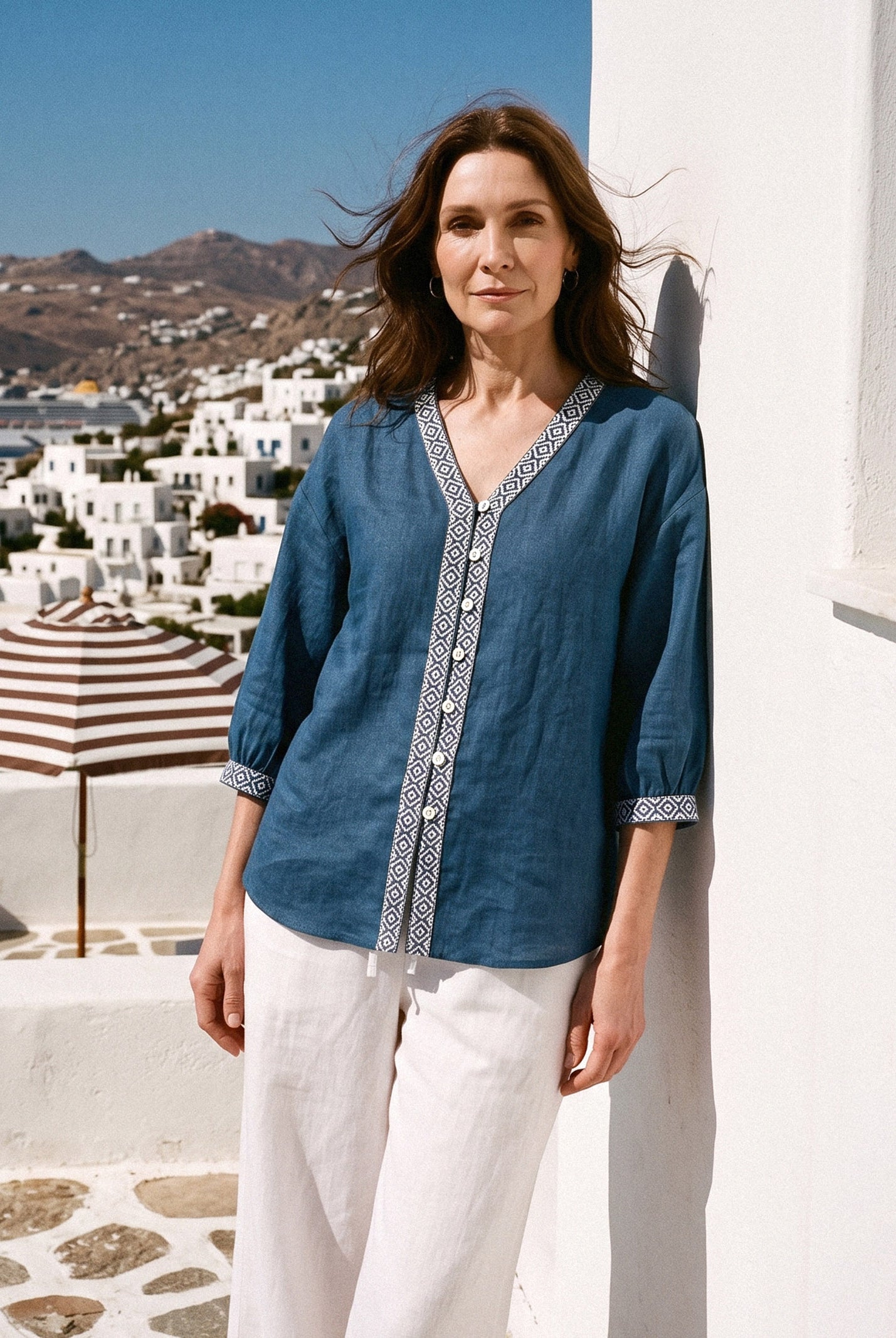 100% Linen Geometric Trim V Neck Shirt SORAYA by LINTICO