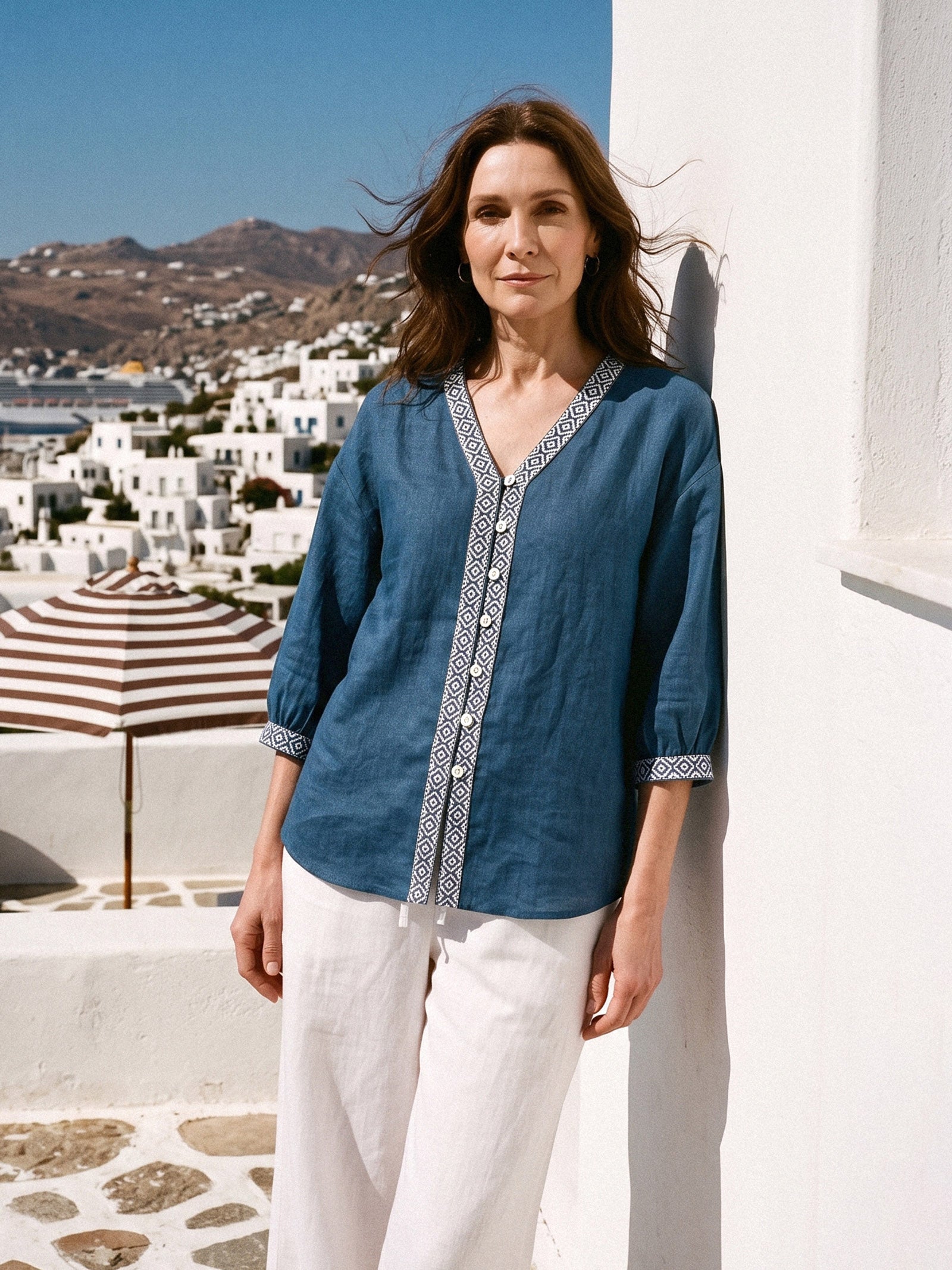 100% Linen Geometric Trim V Neck Shirt SORAYA by LINTICO