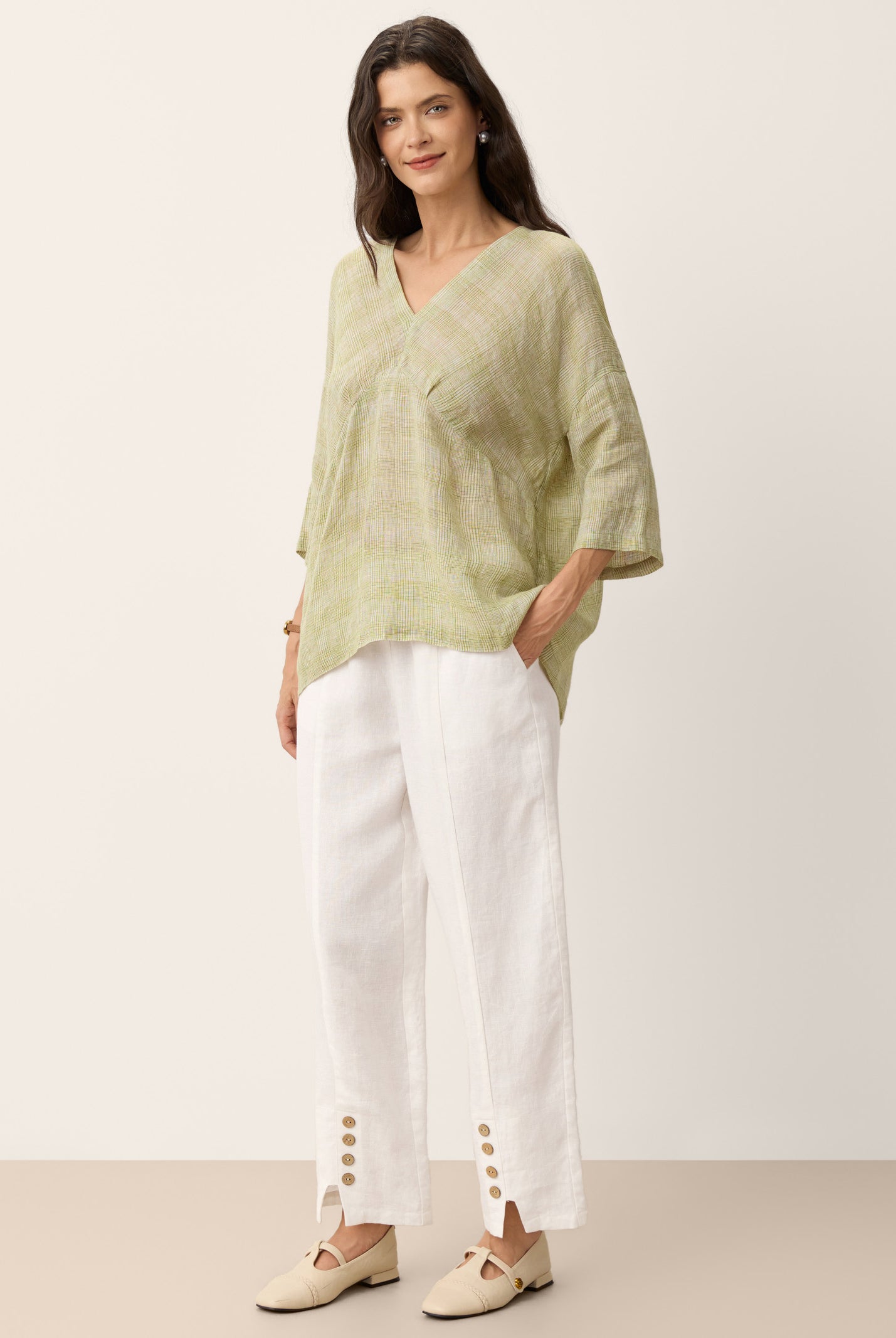 100% Linen Gingham V-Neck High-Low Overtop ALTHEIA by LINTICO for women