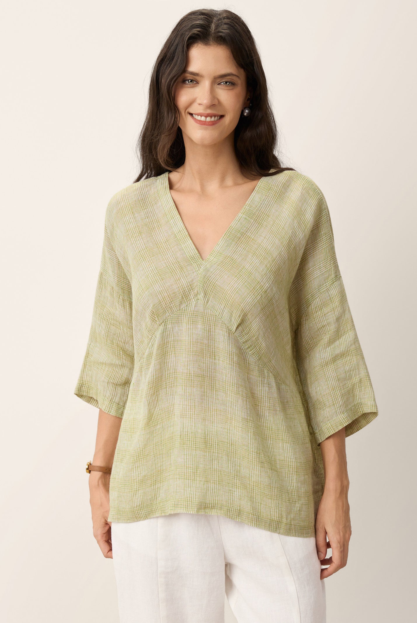 100% Linen Gingham V-Neck High-Low Overtop ALTHEIA by LINTICO for women