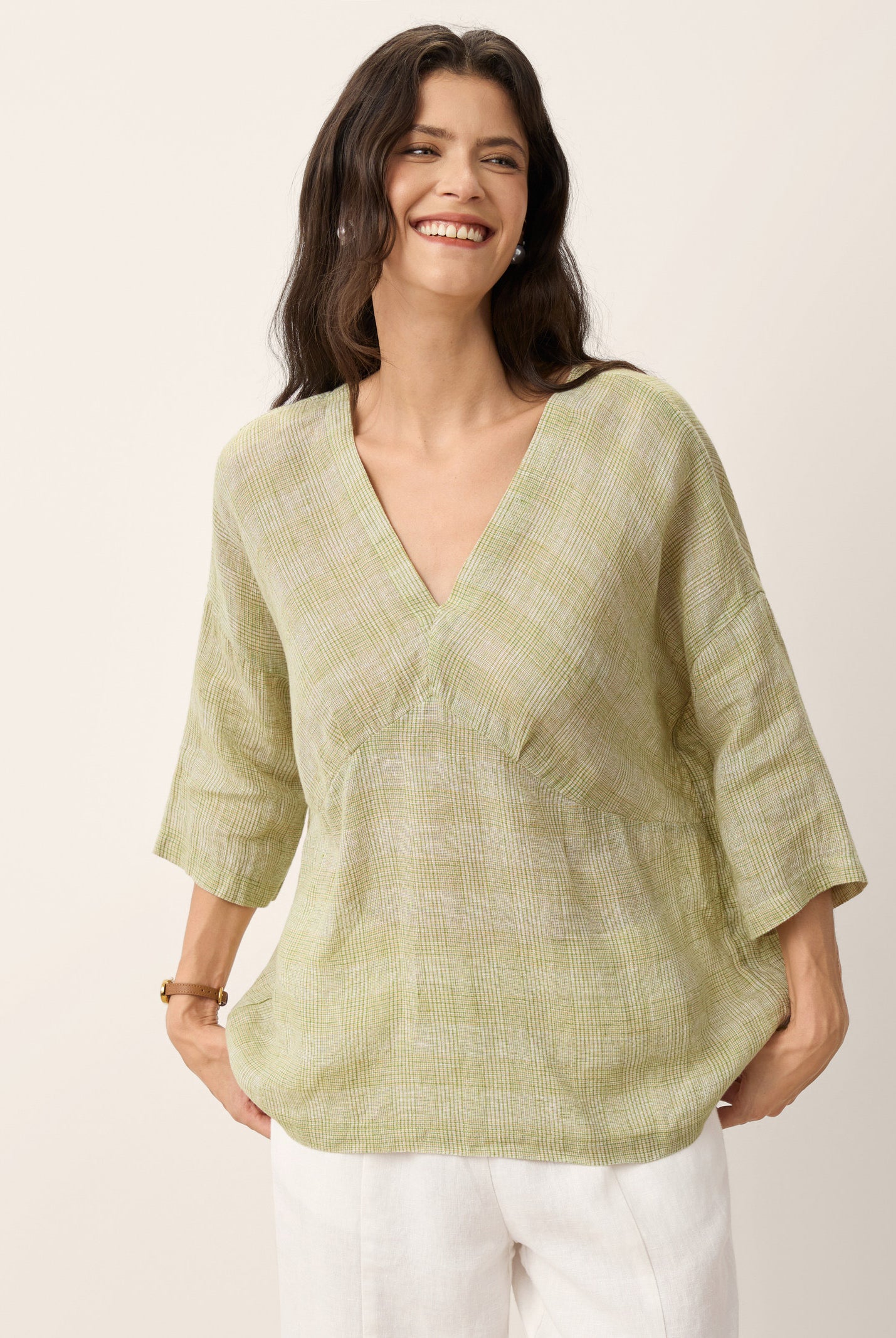 100% Linen Gingham V-Neck High-Low Overtop ALTHEIA by LINTICO for women