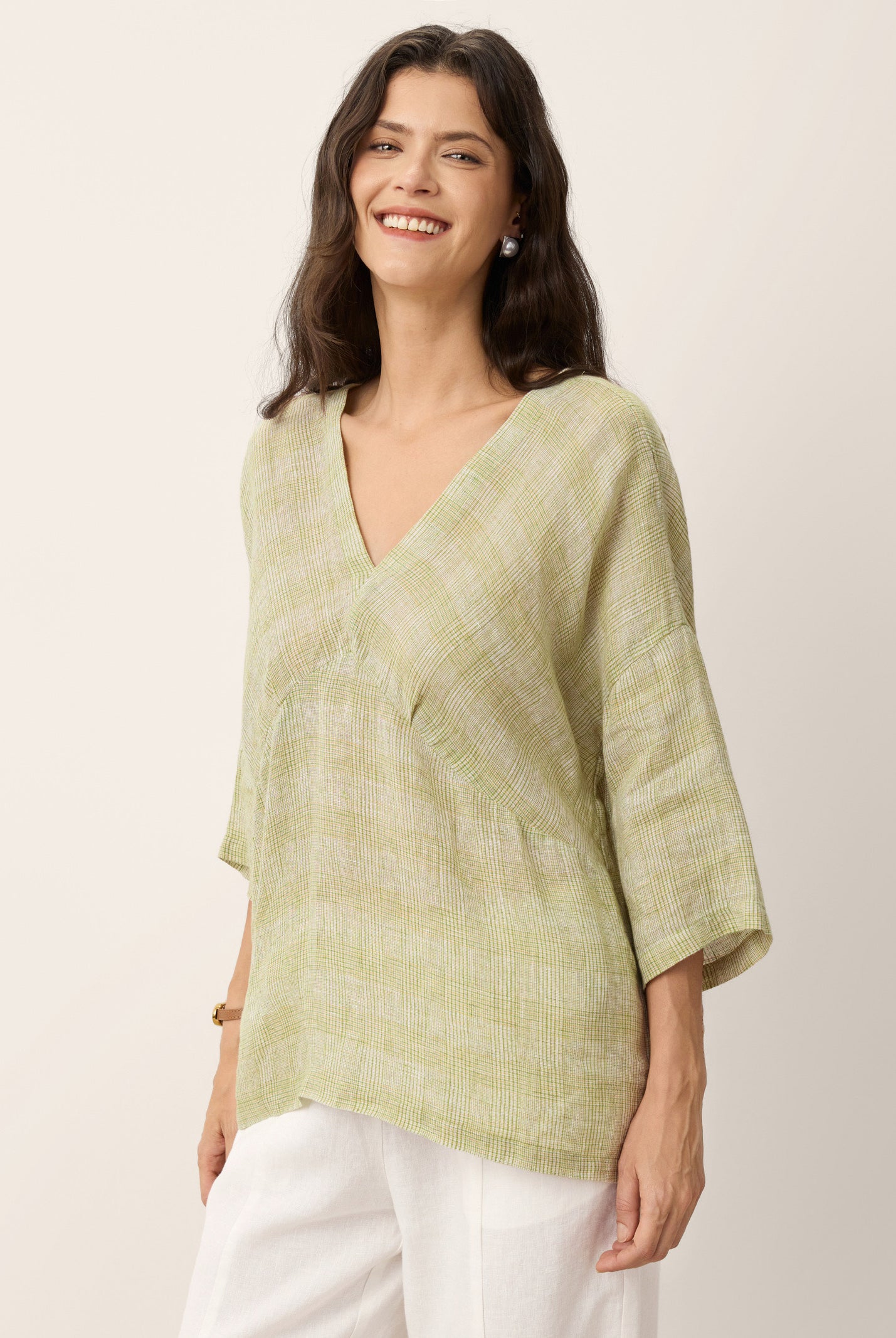 100% Linen Gingham V-Neck High-Low Overtop ALTHEIA by LINTICO for women