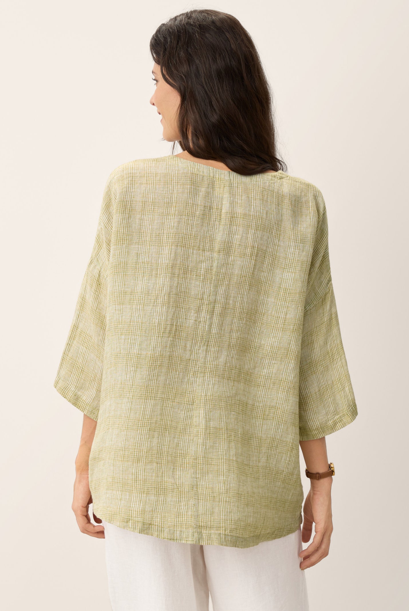 100% Linen Gingham V-Neck High-Low Overtop ALTHEIA by LINTICO for women