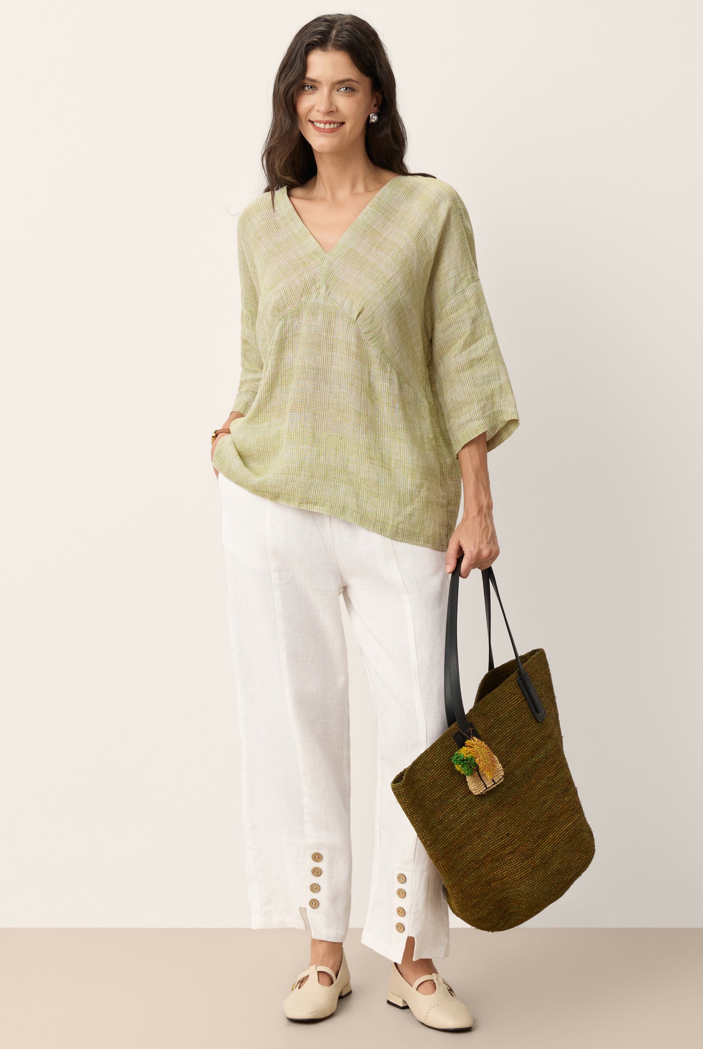 100% Linen Gingham V-Neck High-Low Overtop ALTHEIA by LINTICO for women