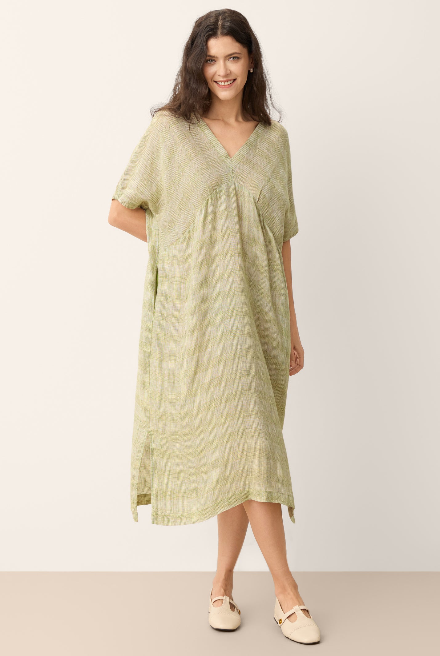 100% Linen Gingham V-Neck Split-Hem Midi Dress BRISEIS by LINTICO for women