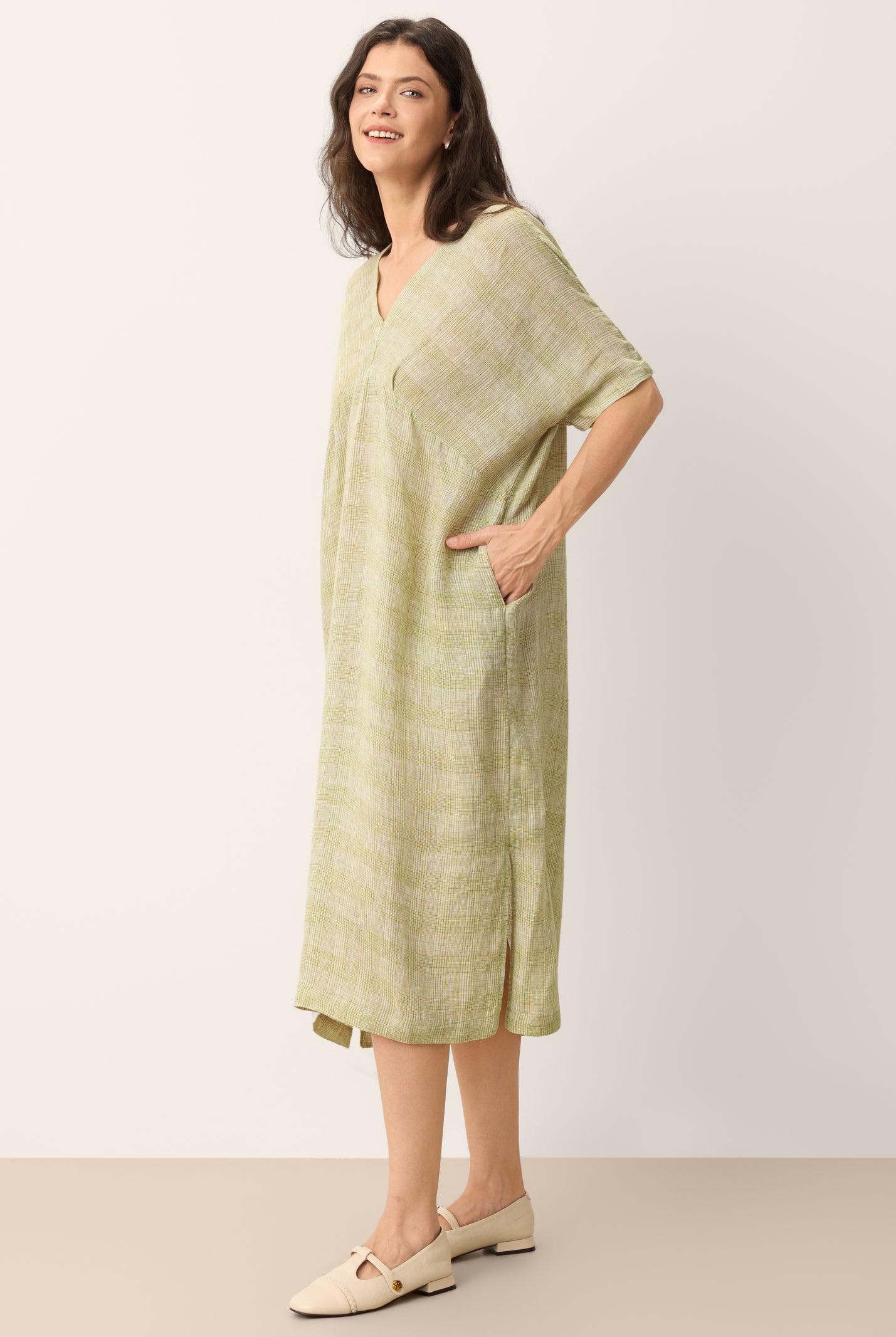 100% Linen Gingham V-Neck Split-Hem Midi Dress BRISEIS by LINTICO for women