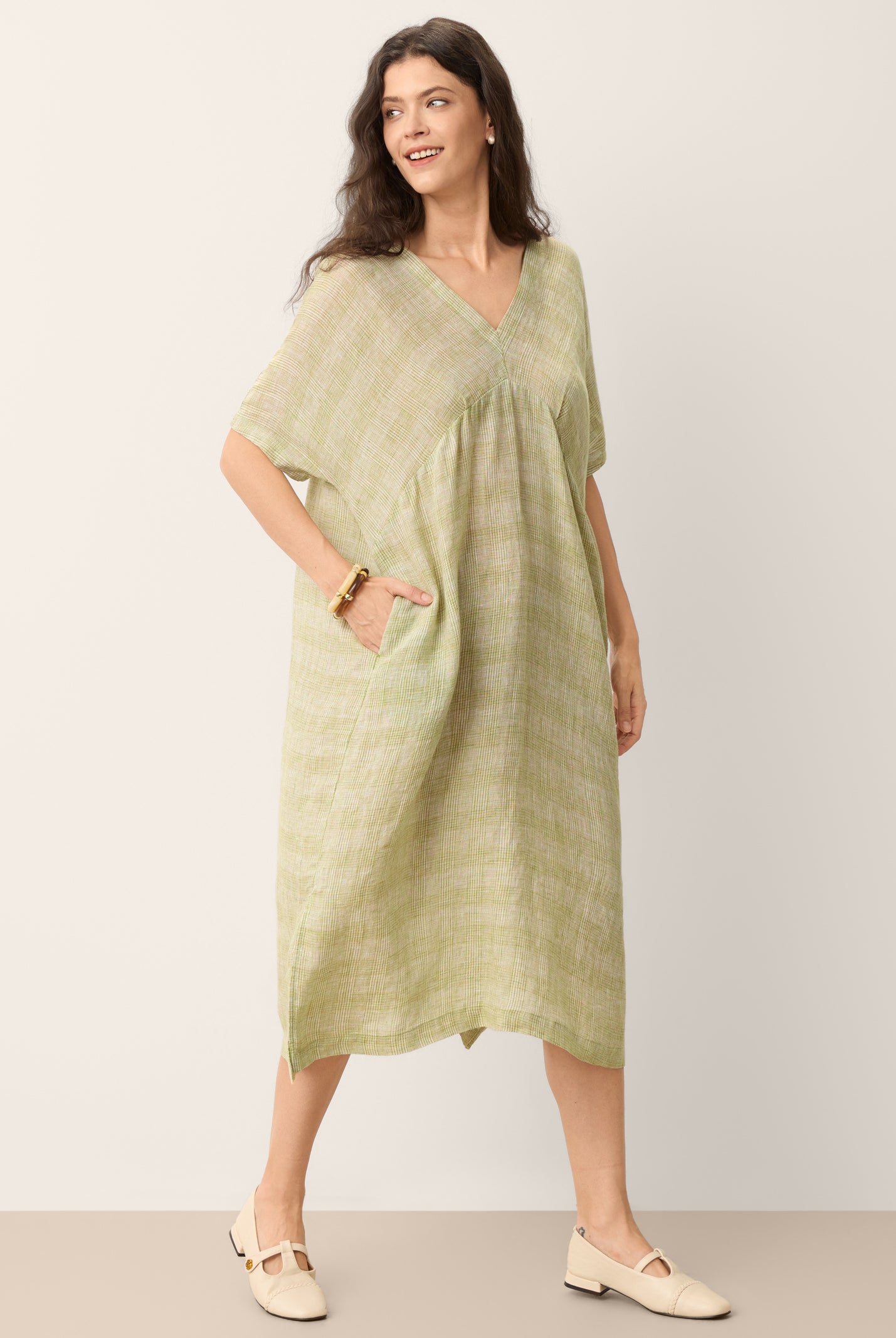 100% Linen Gingham V-Neck Split-Hem Midi Dress BRISEIS by LINTICO for women