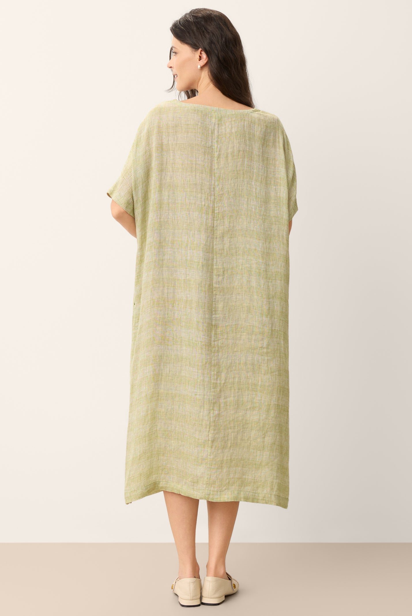 100% Linen Gingham V-Neck Split-Hem Midi Dress BRISEIS by LINTICO for women