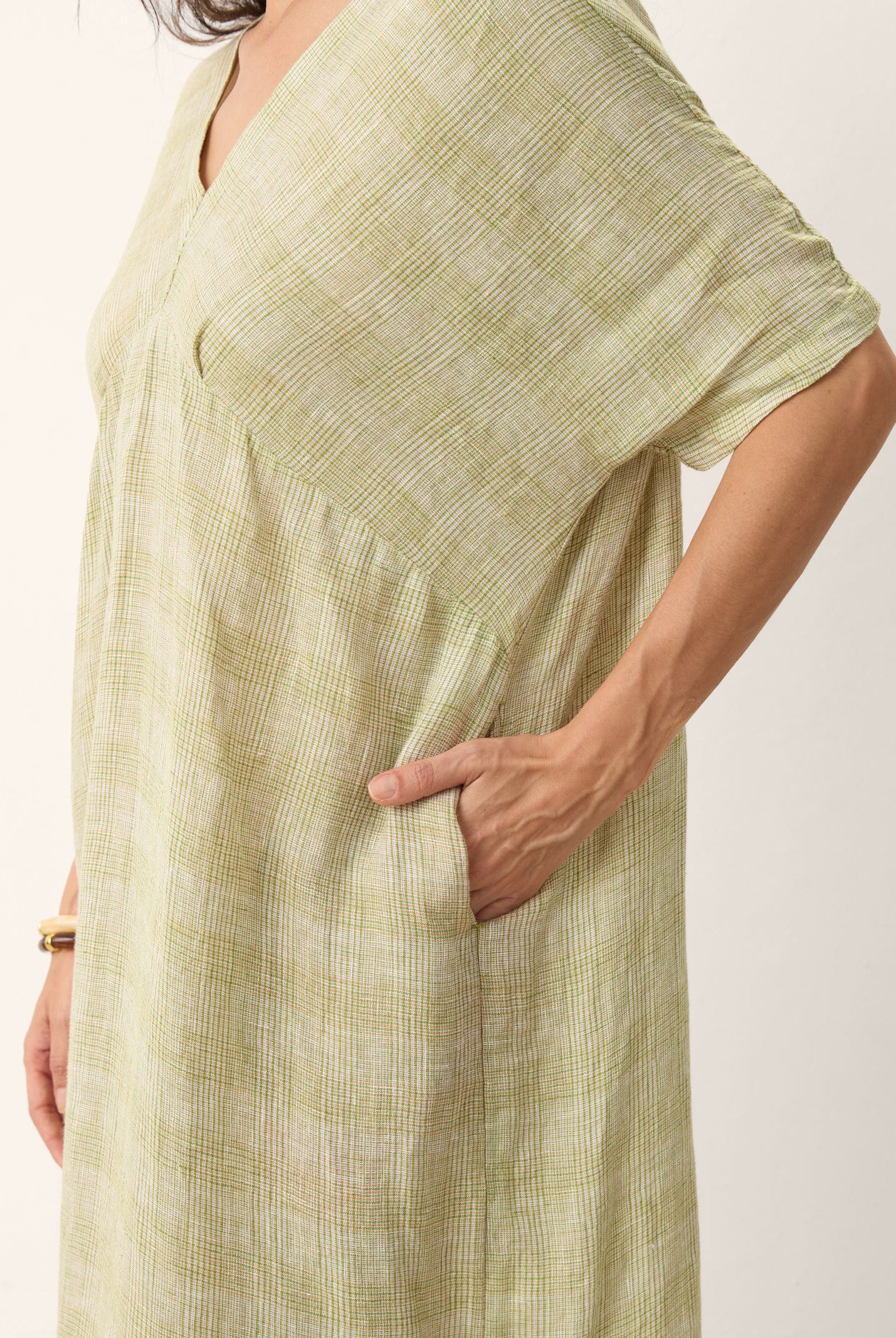 100% Linen Gingham V-Neck Split-Hem Midi Dress BRISEIS by LINTICO for women