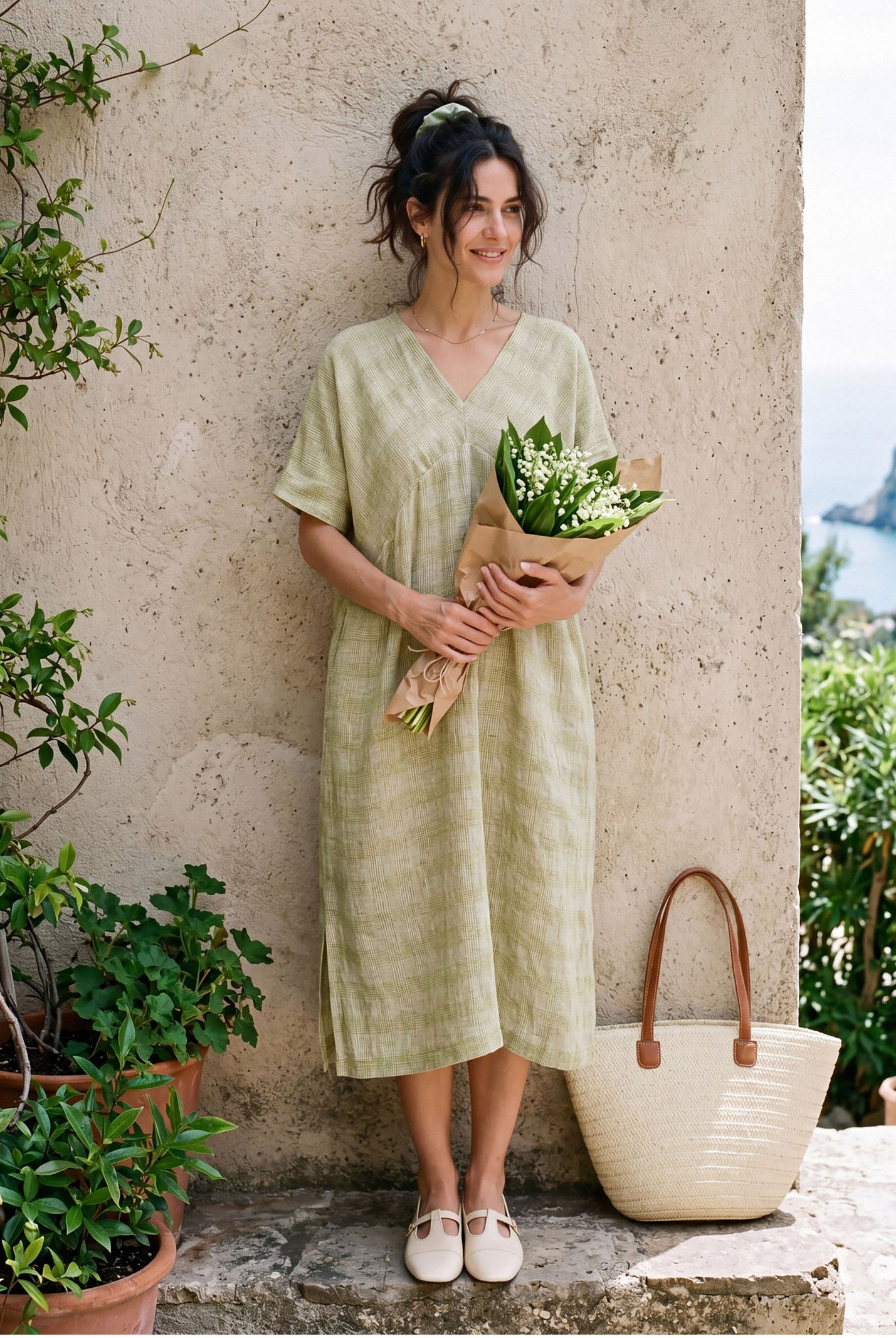 100% Linen Gingham V-Neck Split-Hem Midi Dress BRISEIS by LINTICO for women