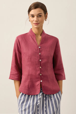 100% Linen Stand-Collar Half-Sleeve Fitted Jacket AMELIA by LINTICO for women
