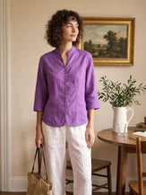 100% Linen Stand-Collar Half-Sleeve Fitted Jacket AMELIA by LINTICO for women
