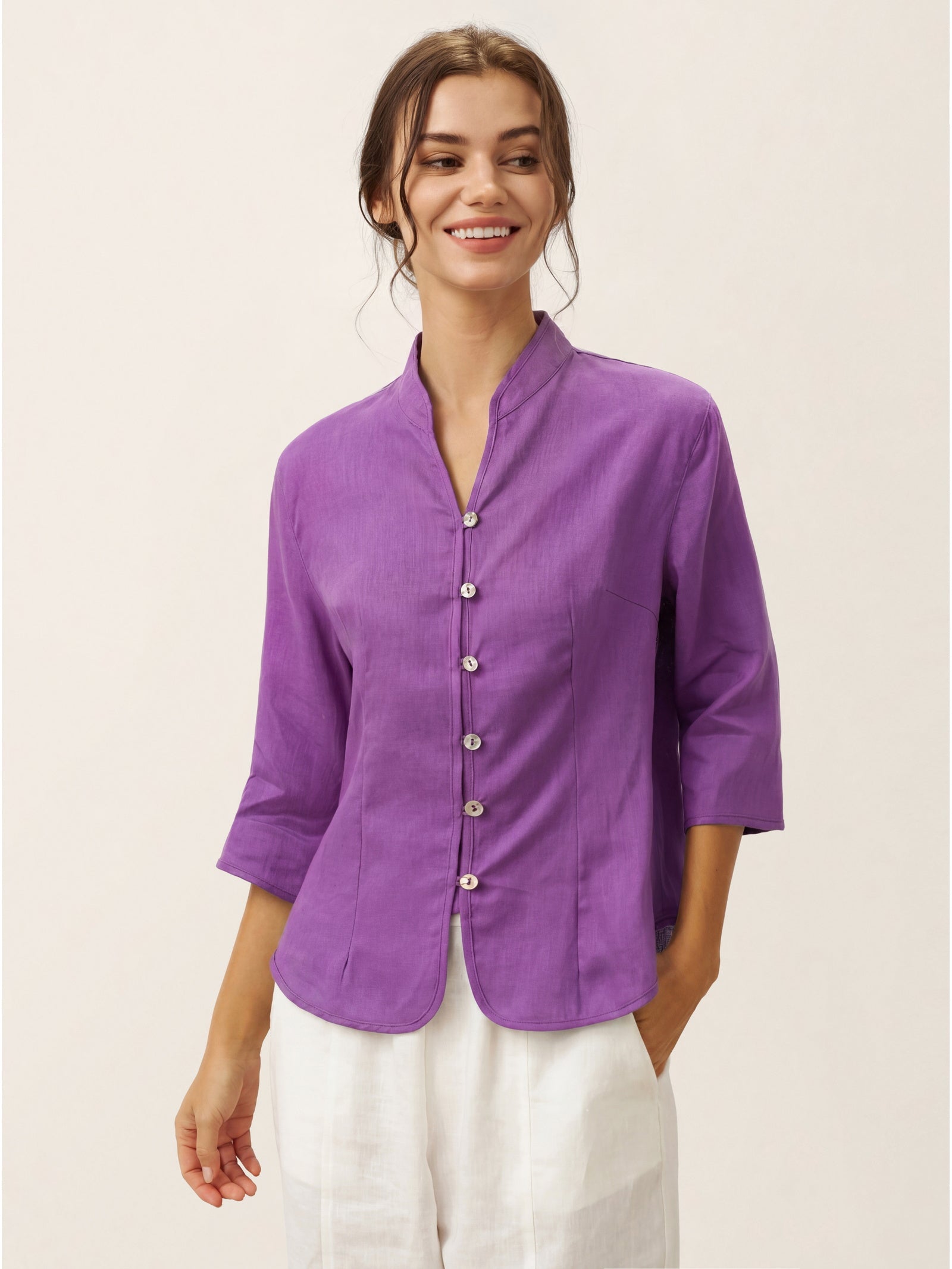 100% Linen Stand-Collar Half-Sleeve Fitted Jacket AMELIA by LINTICO for women