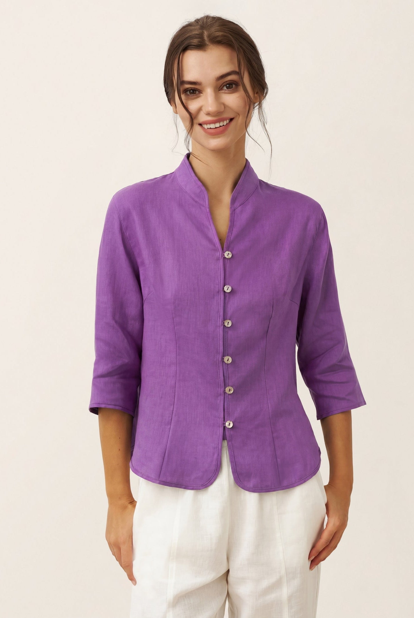 100% Linen Hand Button Fitted Jacket AMELIA by LINTICO for women