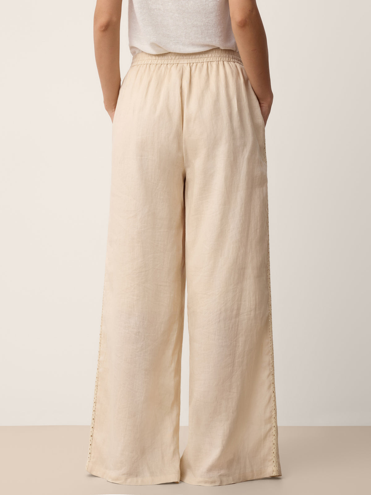 100% Linen Lace-Panel Split-Hem Pants BRONTE by LINTICO for women