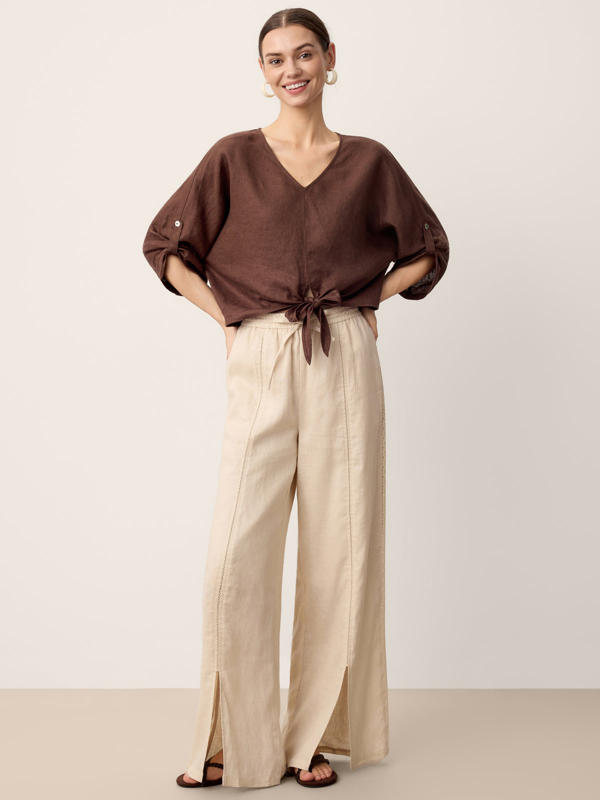 100% Linen Lace-Panel Split-Hem Pants BRONTE by LINTICO for women
