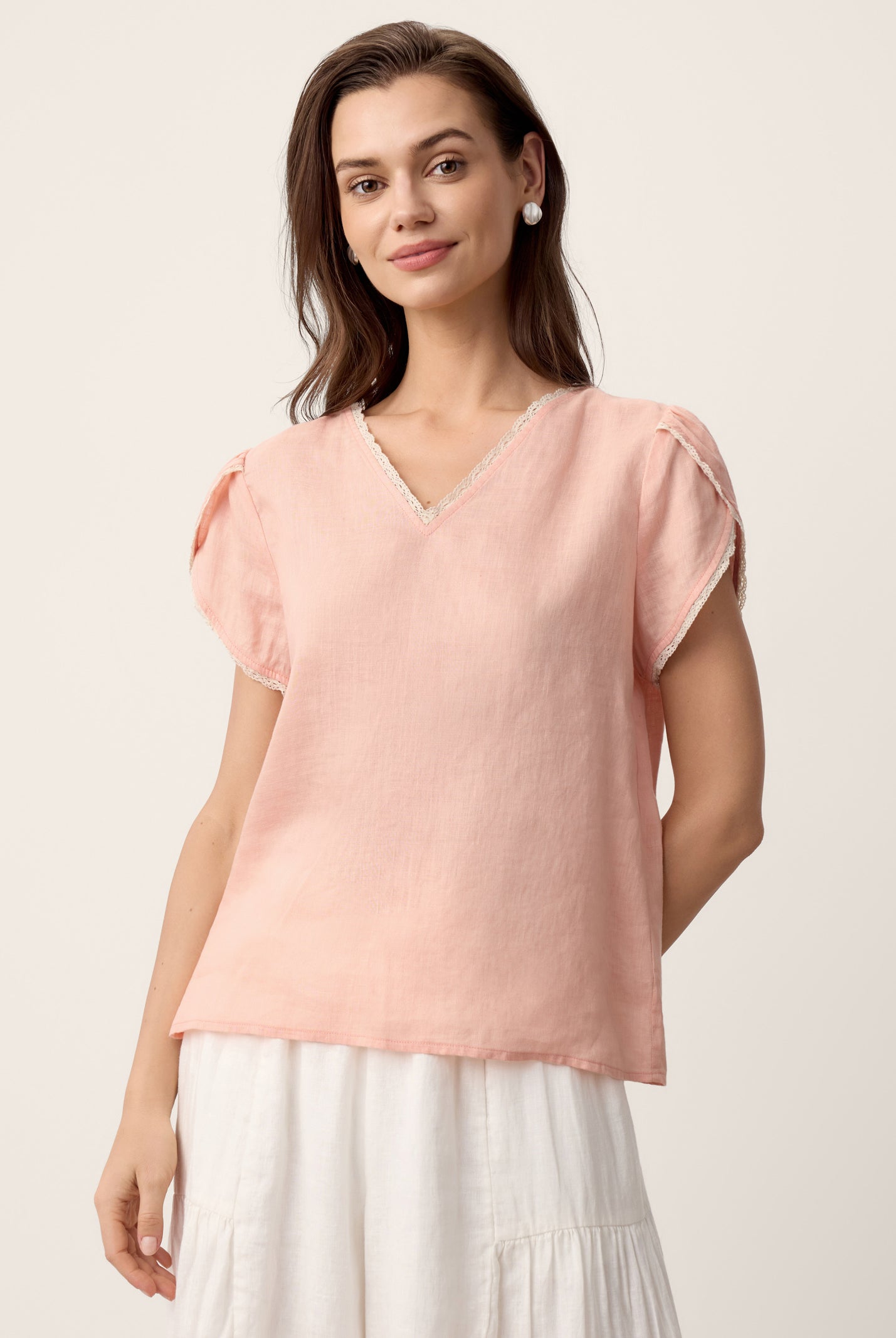 100% Linen Lace-Trim Puff-Sleeve Top NIA by LINTICO for women