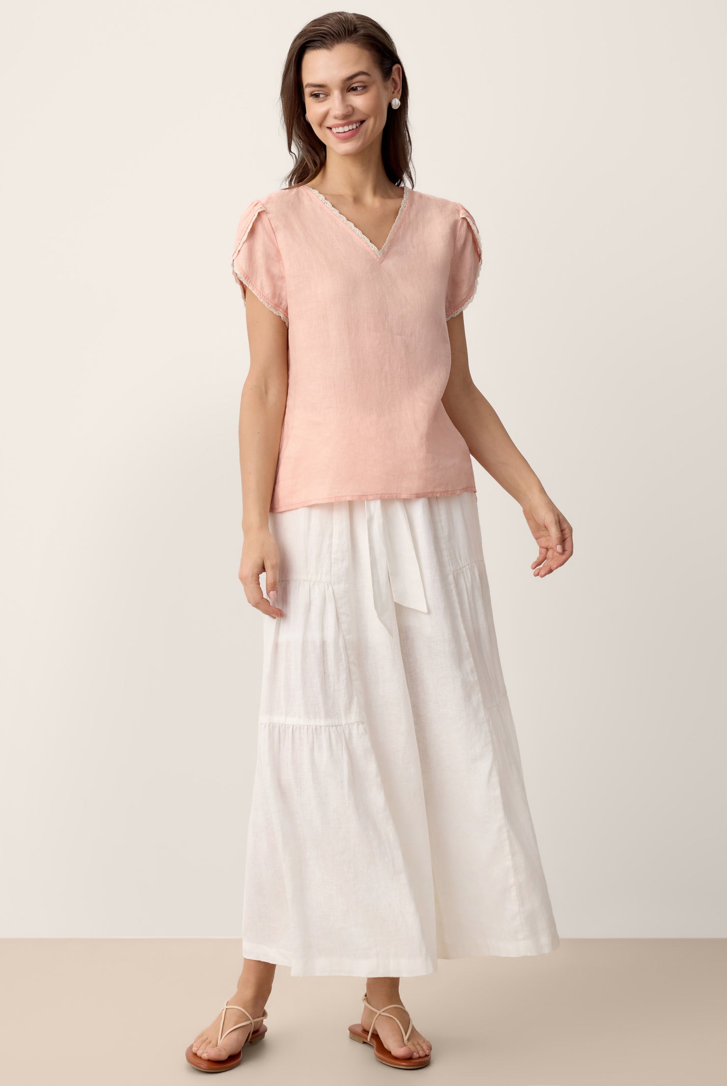 100% Linen Lace-Trim Puff-Sleeve Top NIA by LINTICO for women