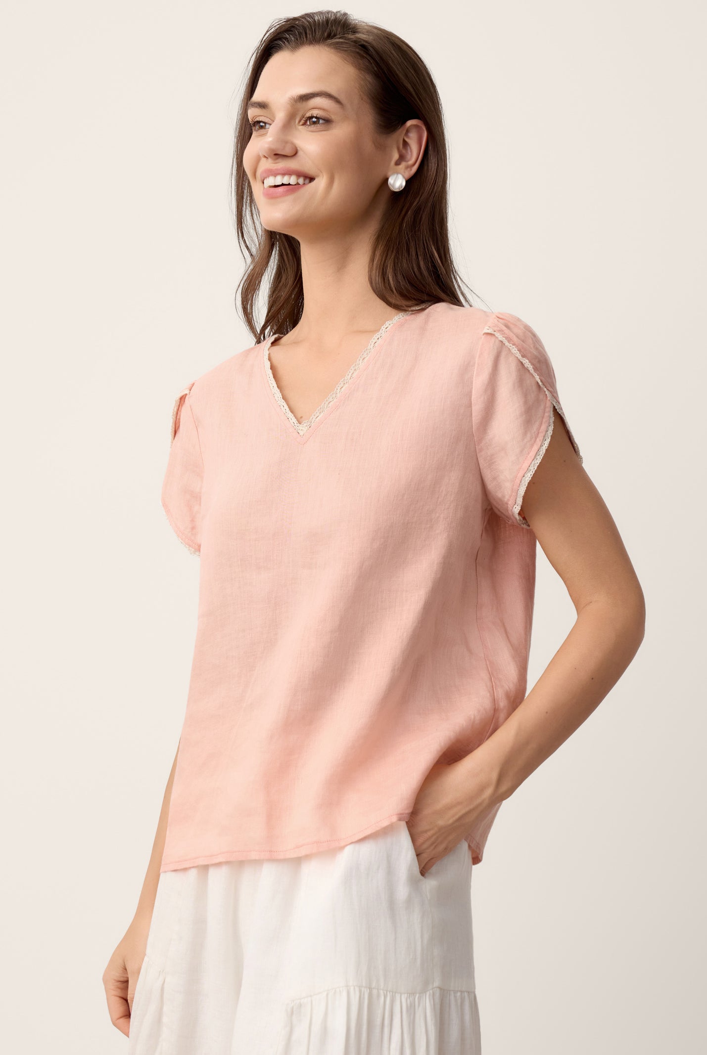 100% Linen Lace-Trim Puff-Sleeve Top NIA by LINTICO for women