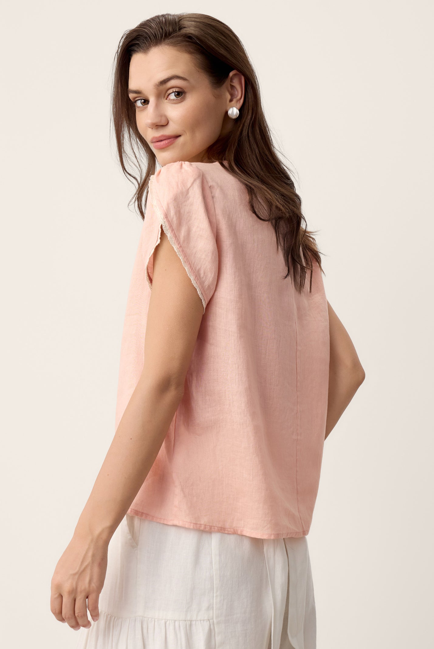 100% Linen Lace-Trim Puff-Sleeve Top NIA by LINTICO for women