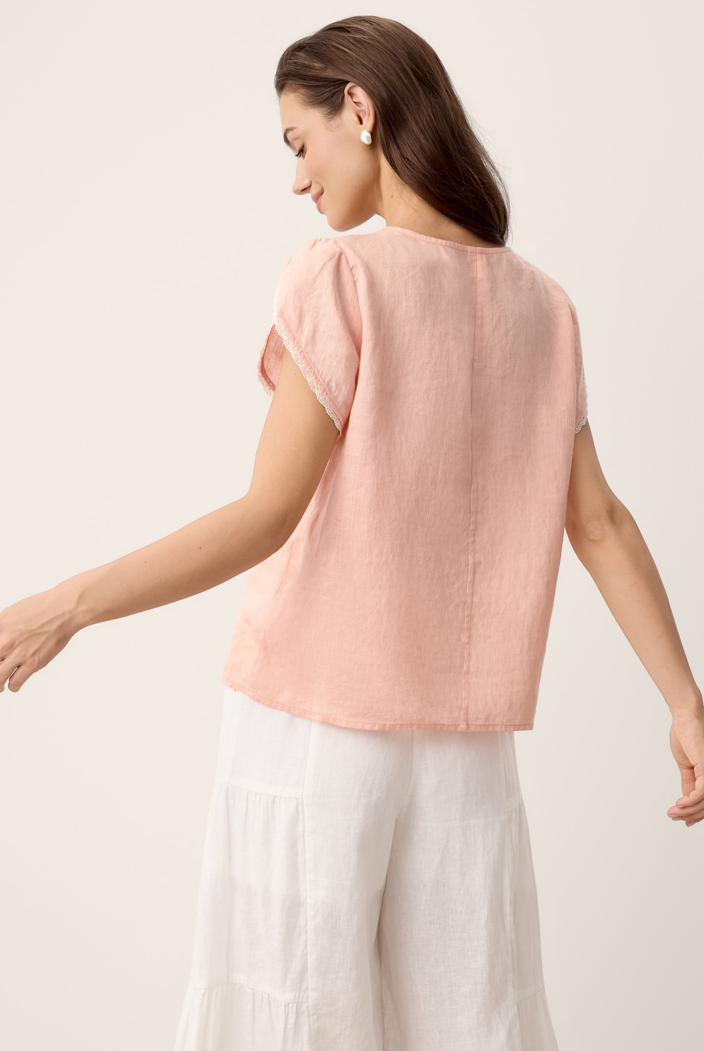 100% Linen Lace-Trim Puff-Sleeve Top NIA by LINTICO for women