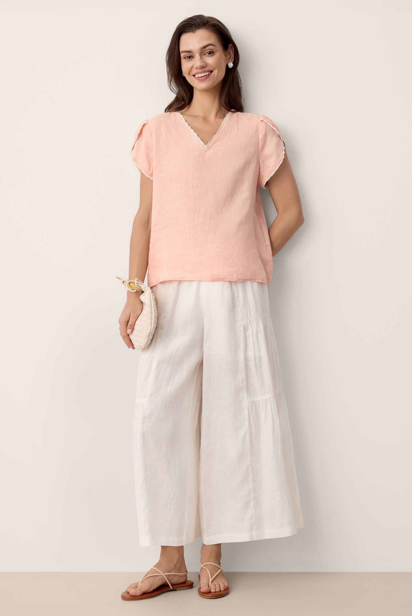 100% Linen Lace-Trim Puff-Sleeve Top NIA by LINTICO for women