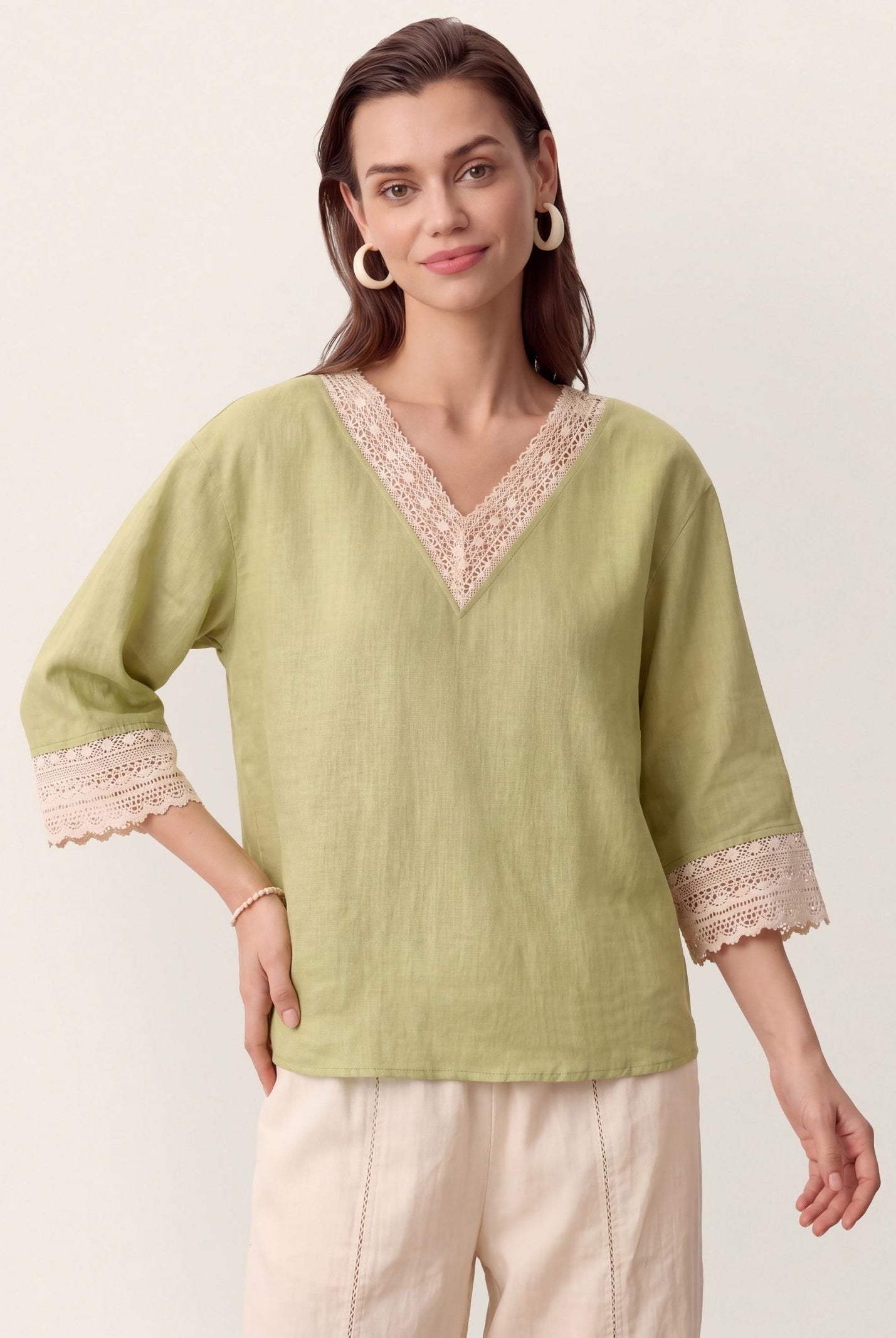 100% Linen Lace-Trim V-Neck Top KEELY by LINTICO for women