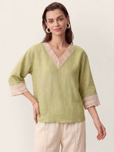 100% Linen Lace-Trim V-Neck Top KEELY by LINTICO for women