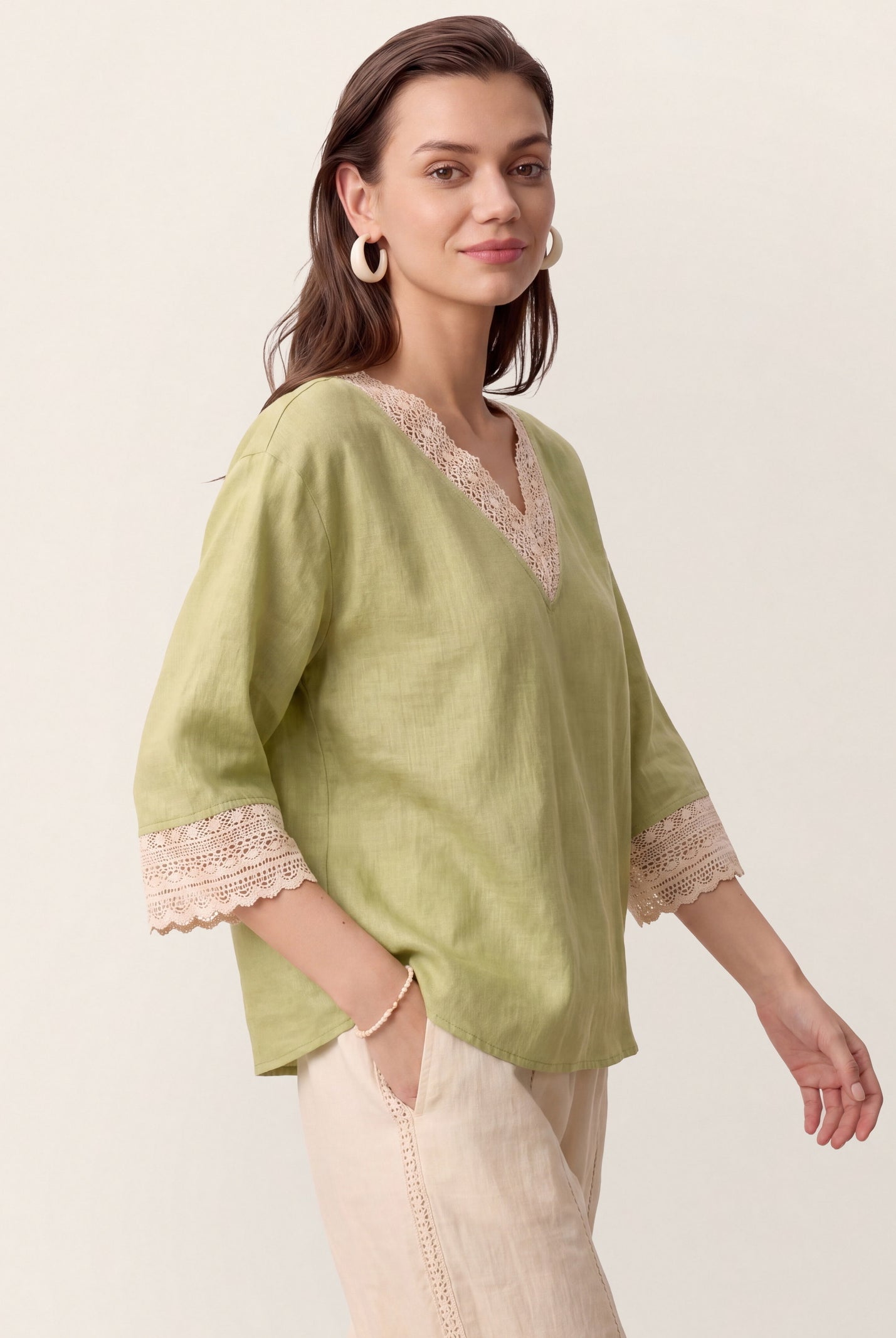 100% Linen Lace-Trim V-Neck Top KEELY by LINTICO for women