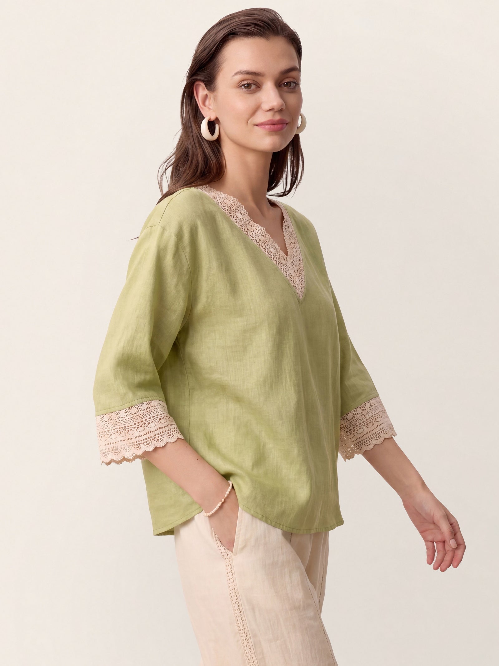 100% Linen Lace-Trim V-Neck Top KEELY by LINTICO for women