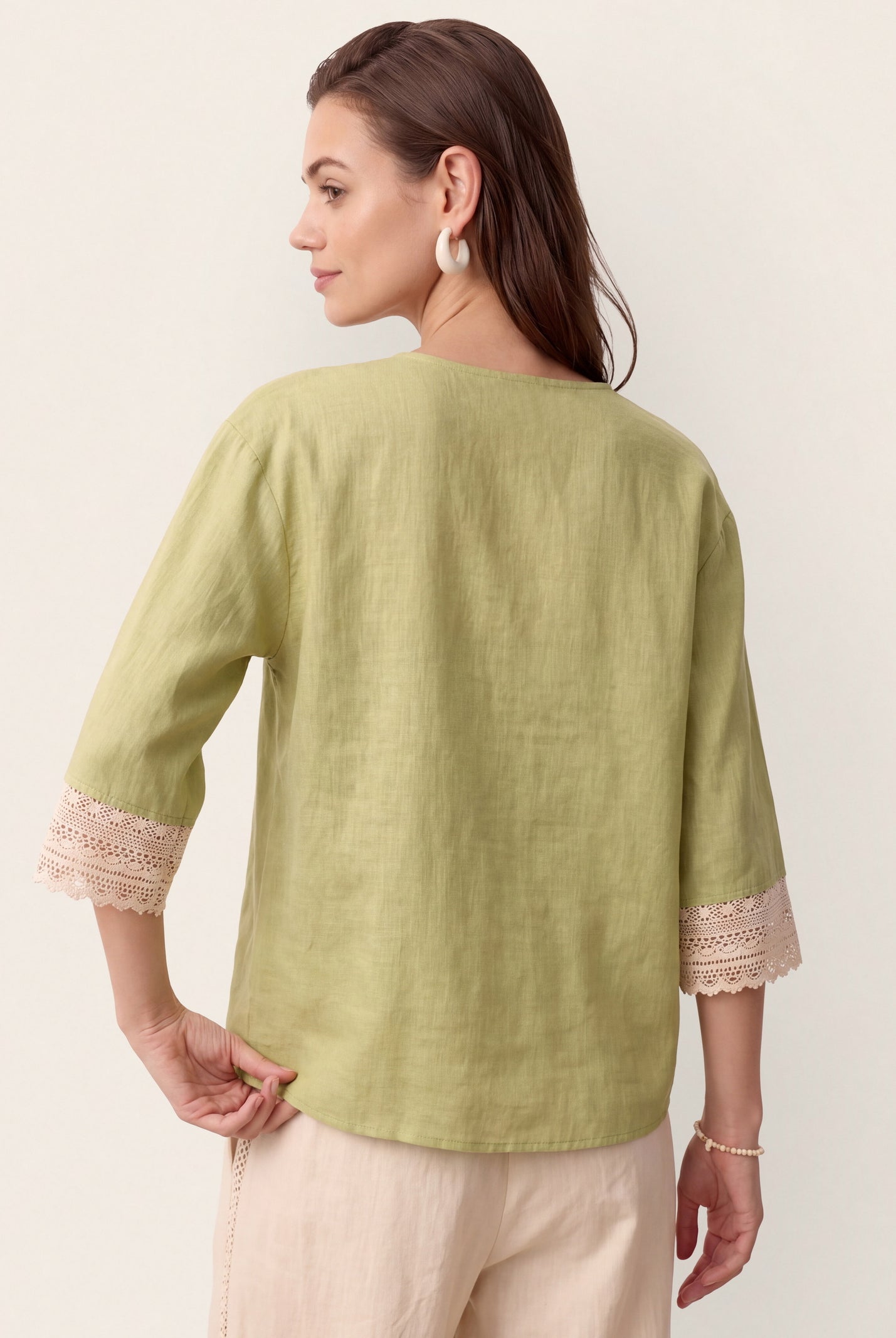 100% Linen Lace-Trim V-Neck Top KEELY by LINTICO for women