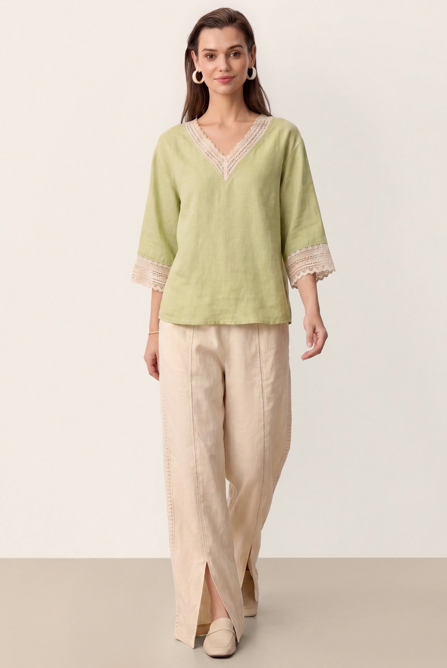 100% Linen Lace-Trim V-Neck Top KEELY by LINTICO for women
