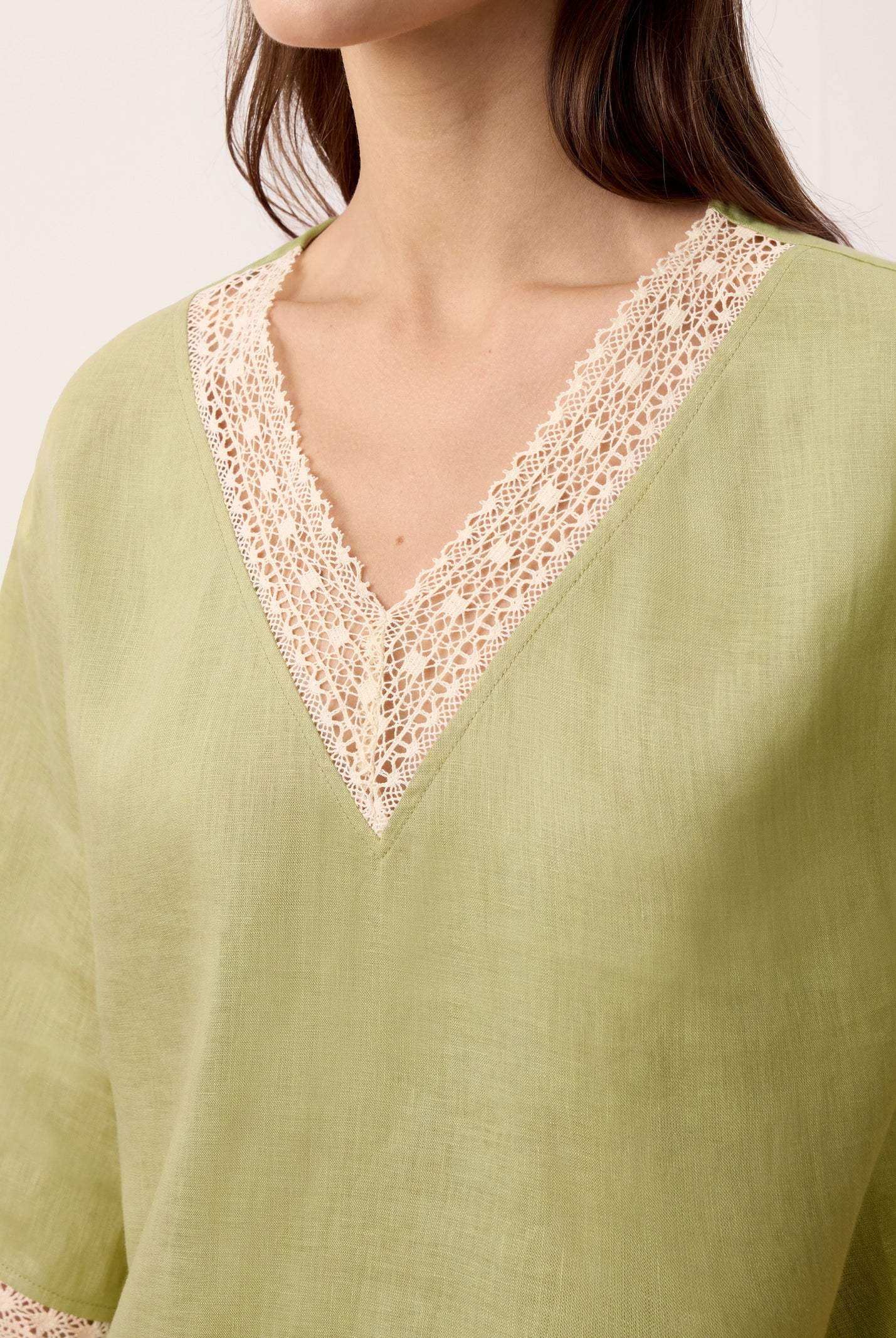 100% Linen Lace-Trim V-Neck Top KEELY by LINTICO for women