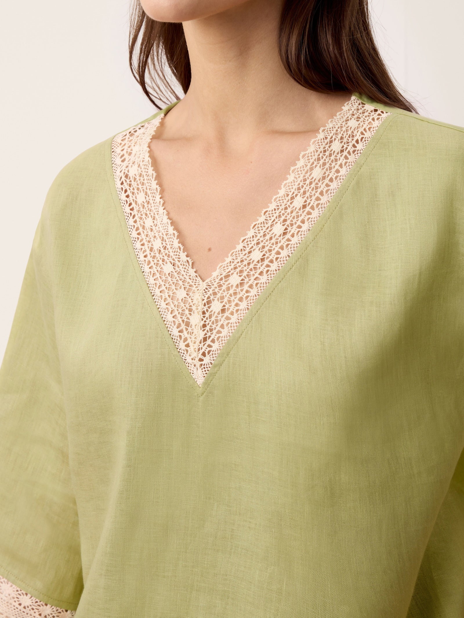 100% Linen Lace-Trim V-Neck Top KEELY by LINTICO for women