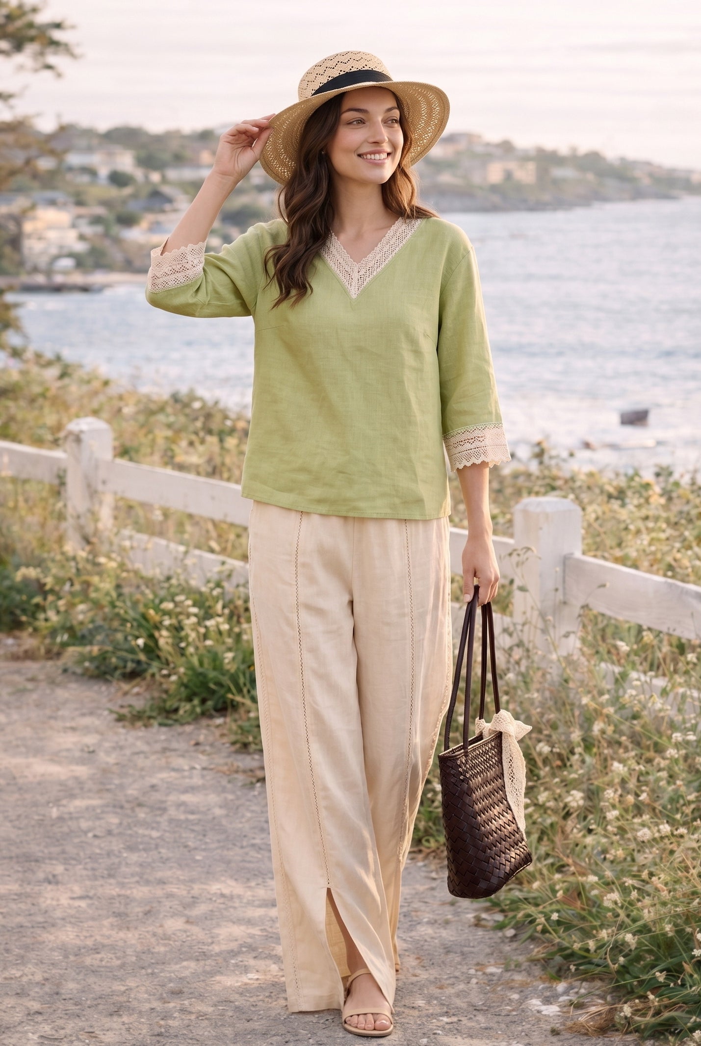 100% Linen Lace-Trim V-Neck Top KEELY by LINTICO for women