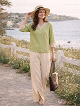 100% Linen Lace-Trim V-Neck Top KEELY by LINTICO for women