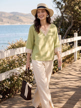 100% Linen Lace-Trim V-Neck Top KEELY by LINTICO for women