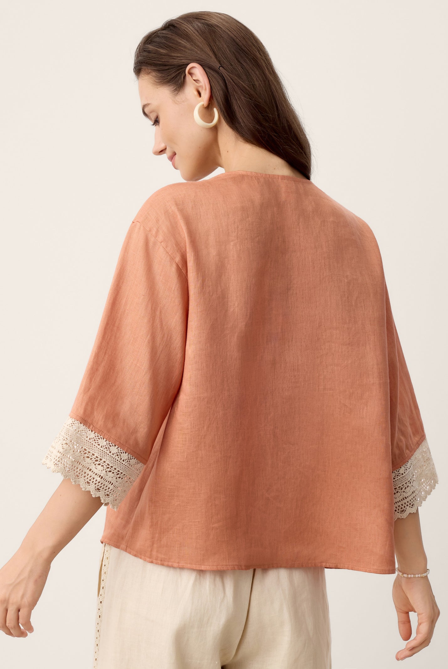 100% Linen Lace-Trim V-Neck Top KEELY by LINTICO for women