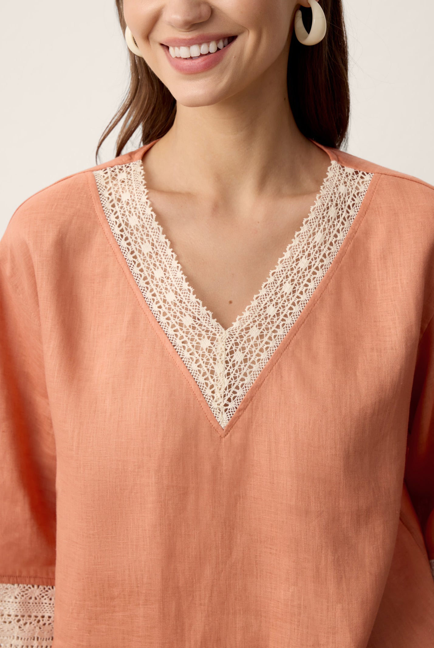 100% Linen Lace-Trim V-Neck Top KEELY by LINTICO for women
