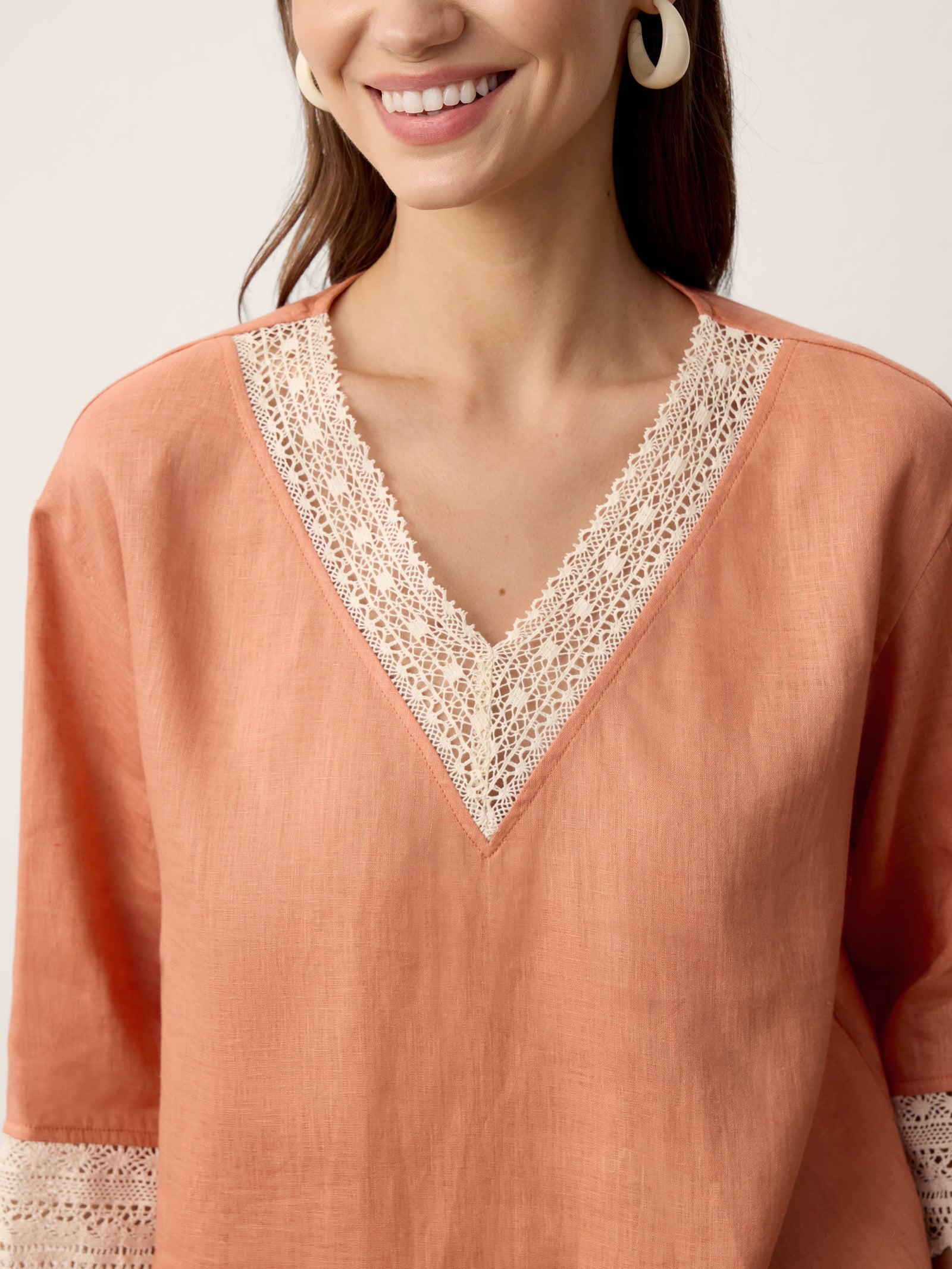 100% Linen Lace-Trim V-Neck Top KEELY by LINTICO for women