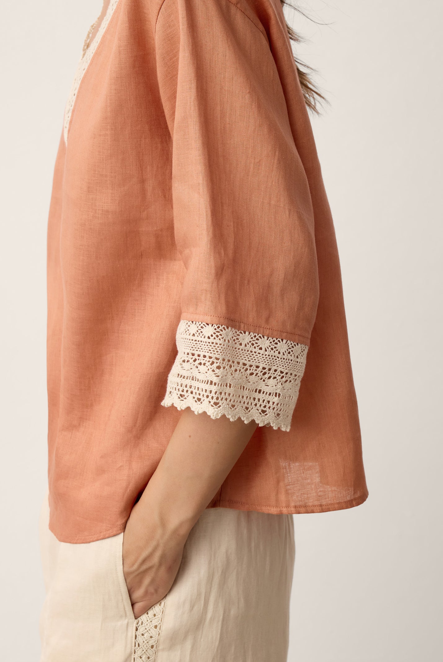 100% Linen Lace-Trim V-Neck Top KEELY by LINTICO for women