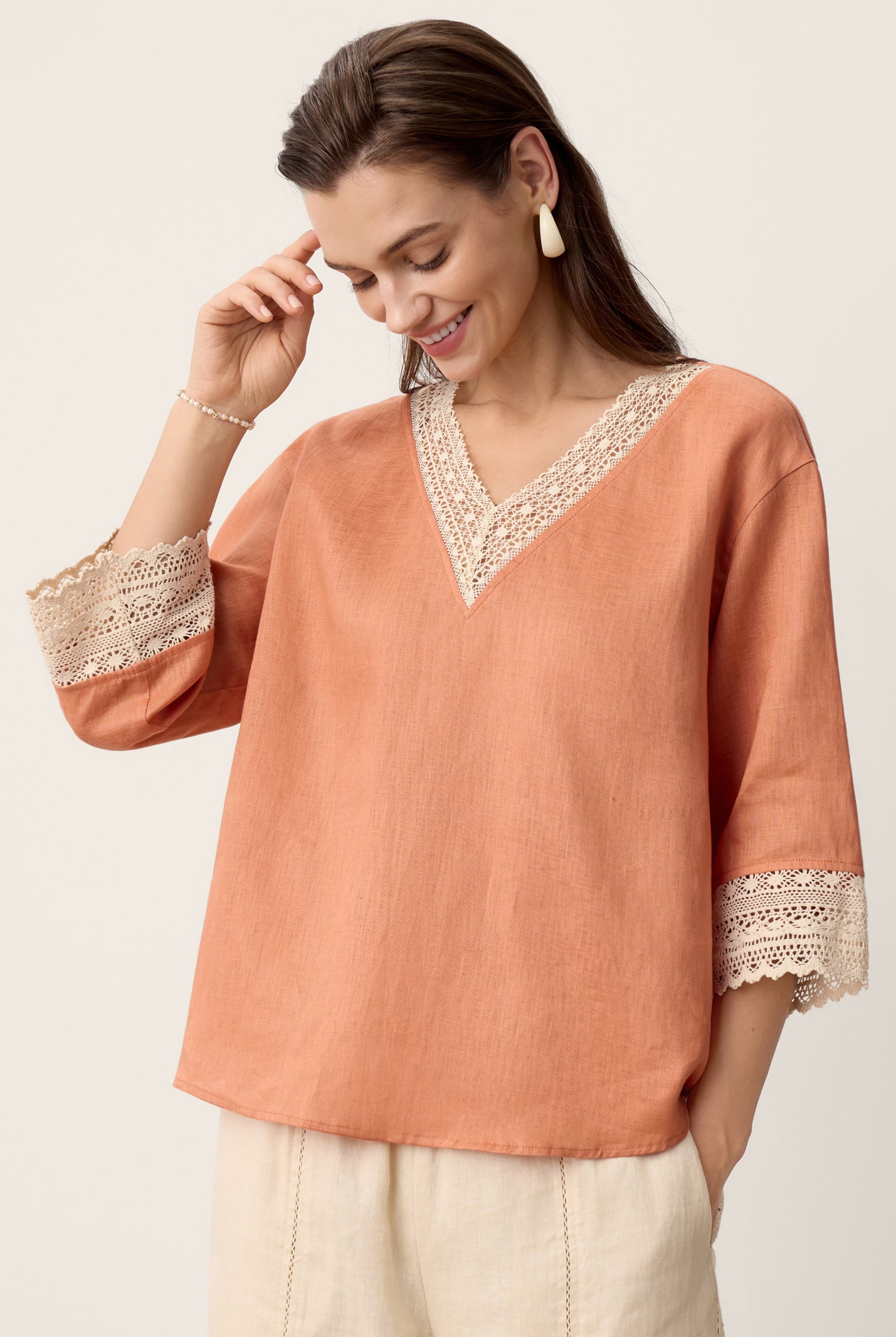 100% Linen Lace-Trim V-Neck Top KEELY by LINTICO for women