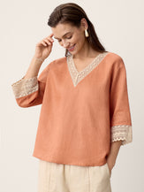 100% Linen Lace-Trim V-Neck Top KEELY by LINTICO for women
