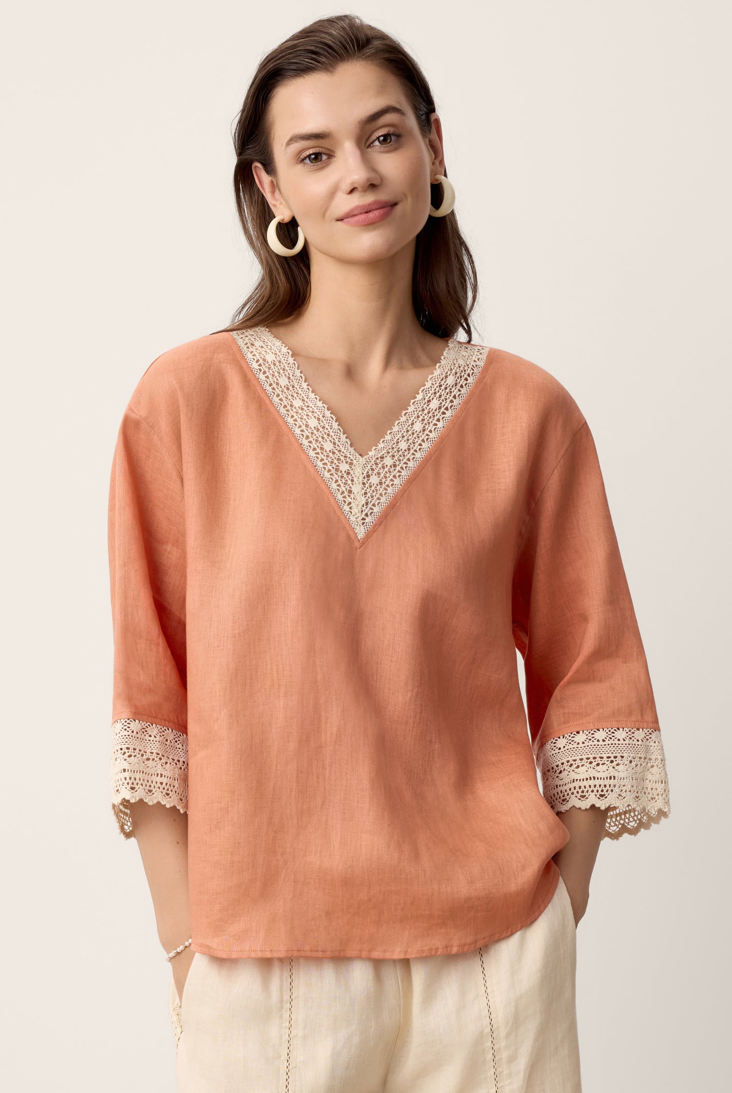 100% Linen Lace-Trim V-Neck Top KEELY by LINTICO for women
