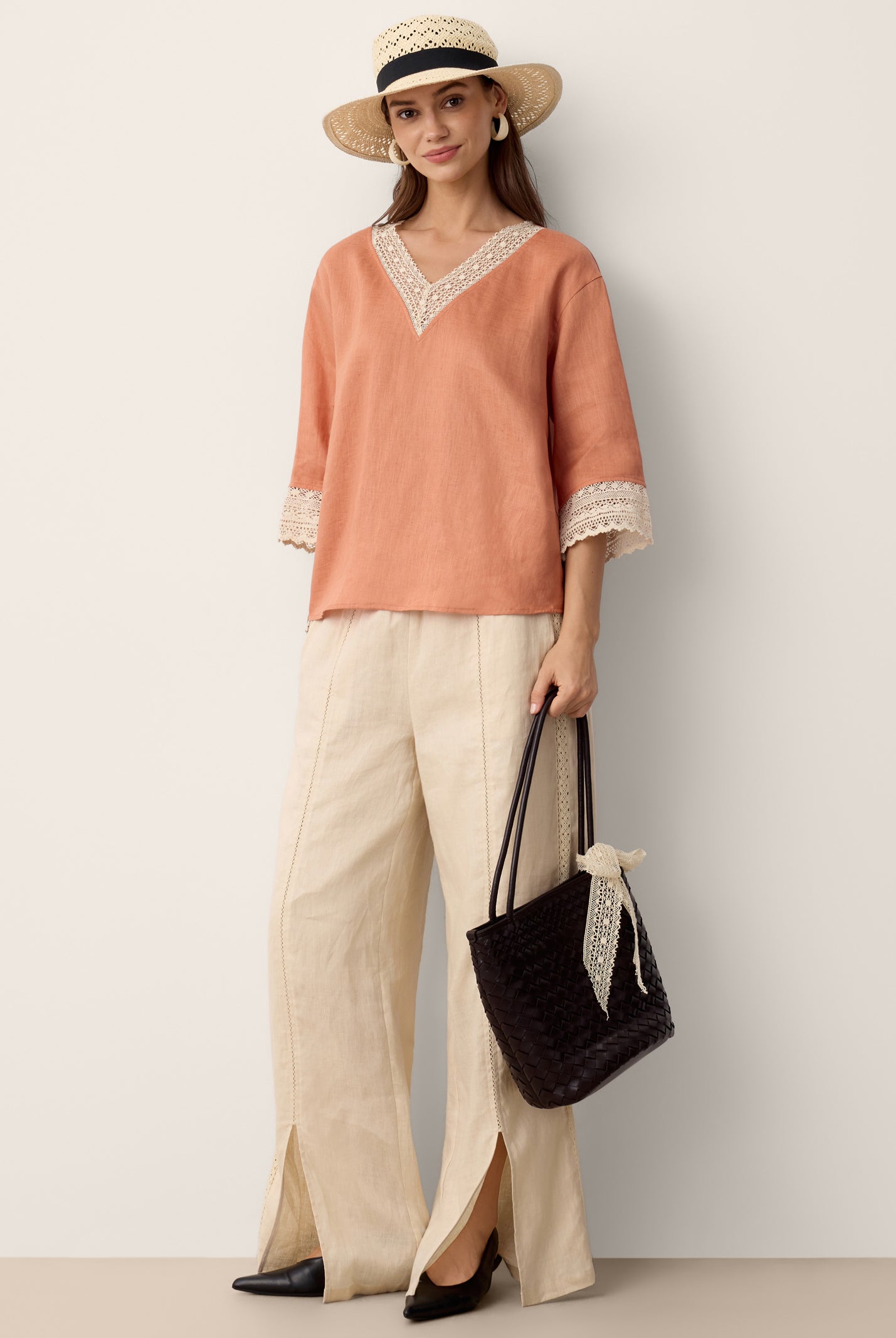 100% Linen Lace-Trim V-Neck Top KEELY by LINTICO for women