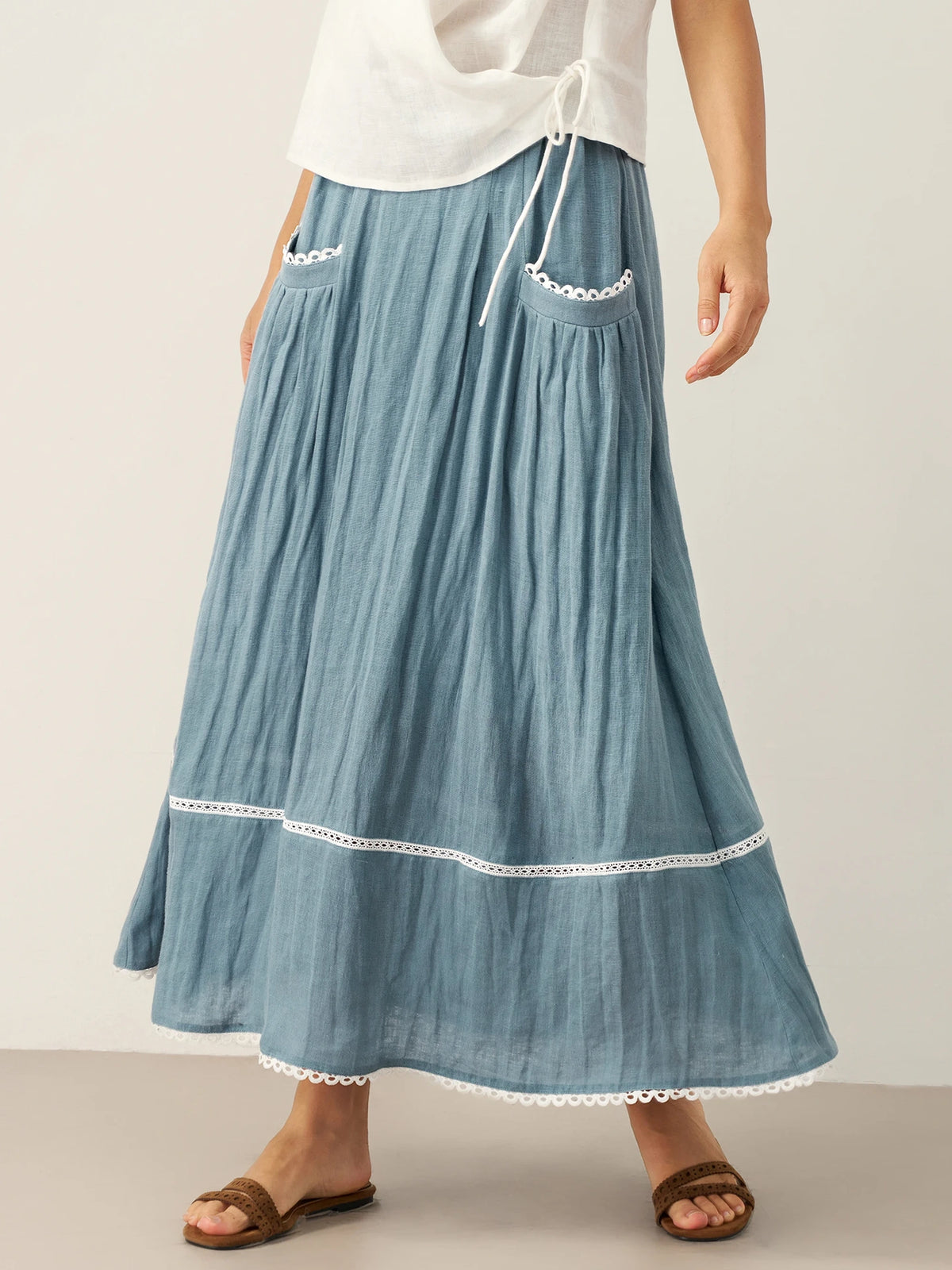 100% Linen Lace-Up Pocket Skirt FENLA by LINTICO for women